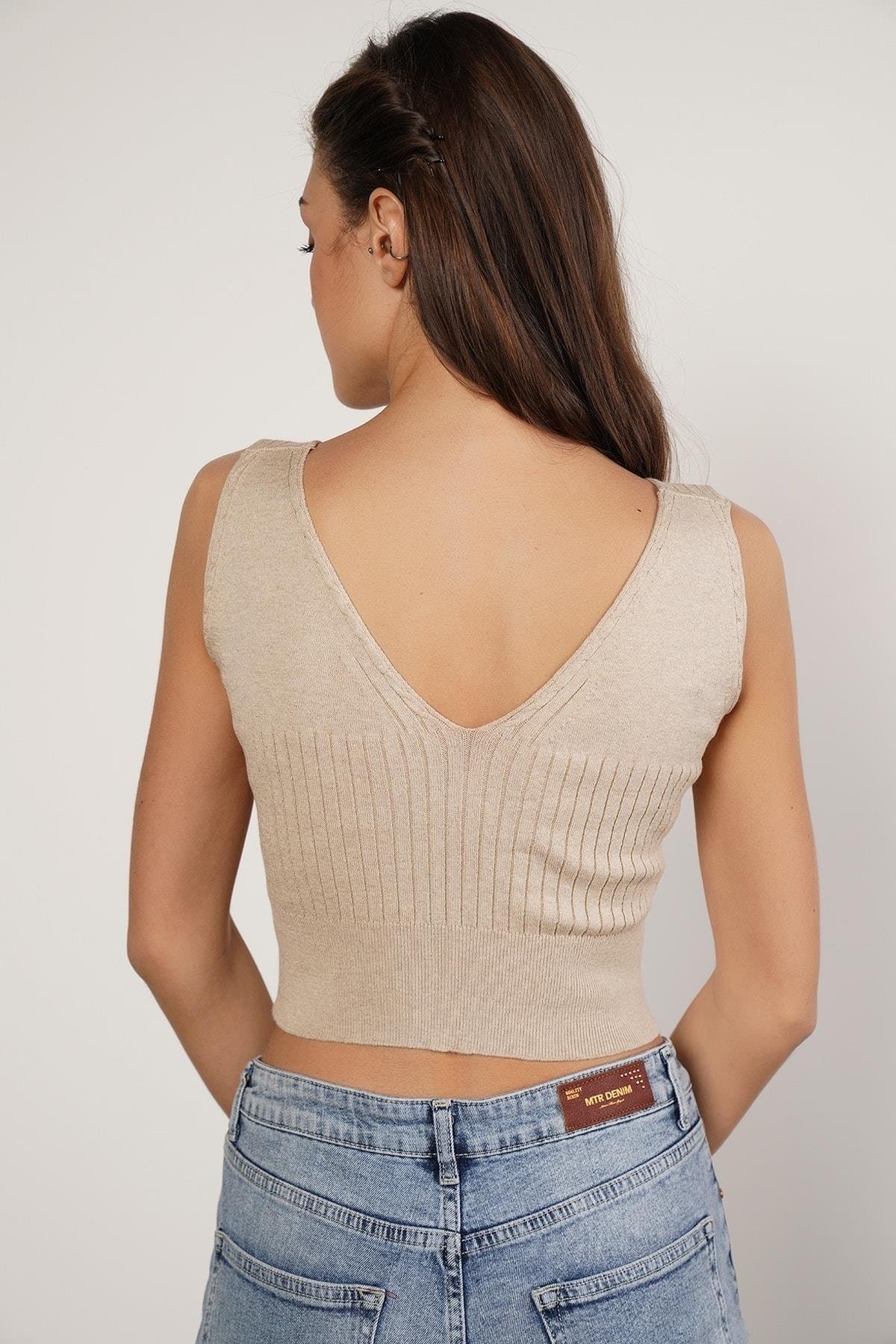 Bej %100 Organik Pamuk Likralı Crop Triko Atlet Örme Bluz