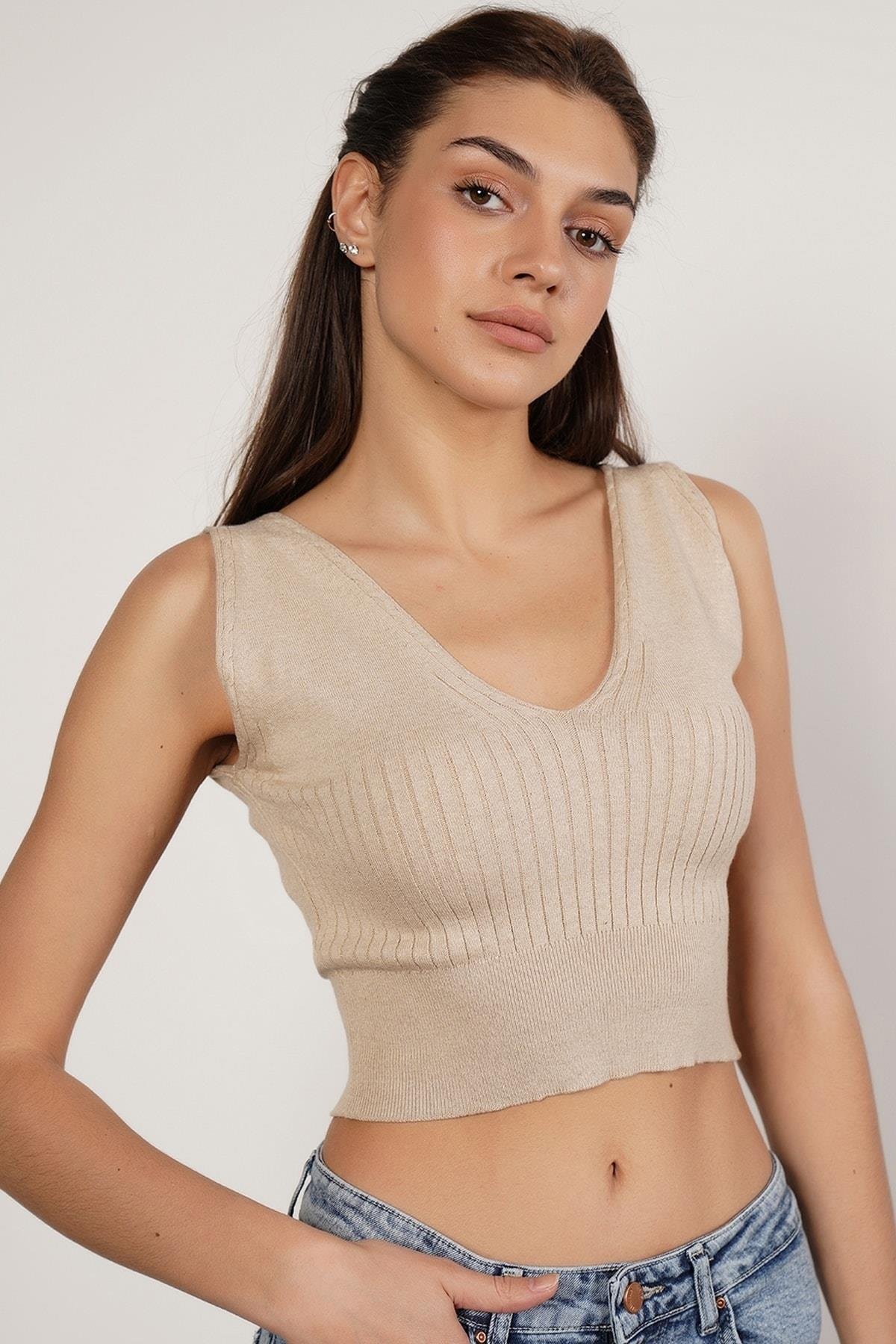 Bej %100 Organik Pamuk Likralı Crop Triko Atlet Örme Bluz