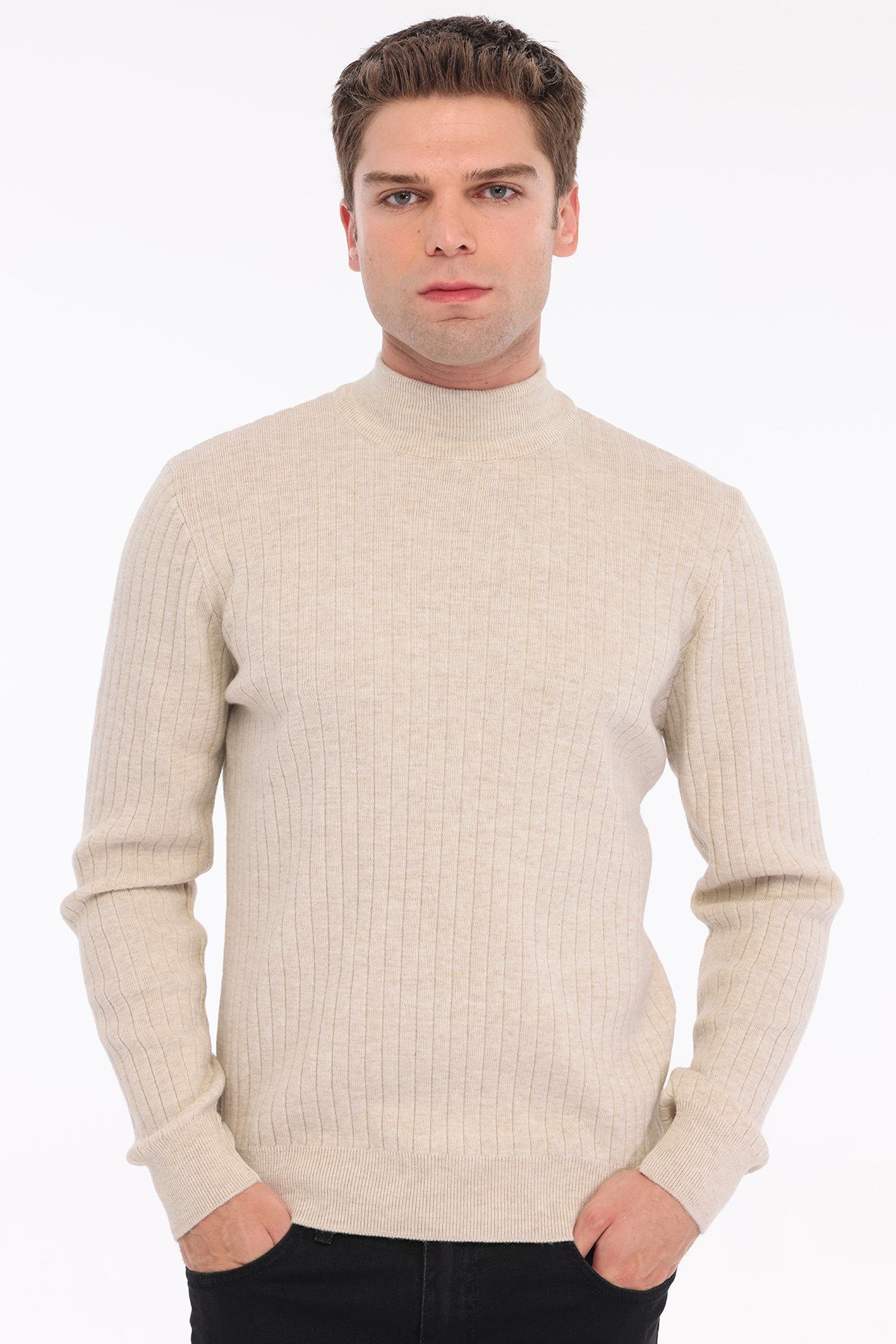 Bej Erkek %80 Yün %20 Akrilik Fitilli Örgü Yarım Balıkçı Yaka Triko Kazak TRIST-5372
