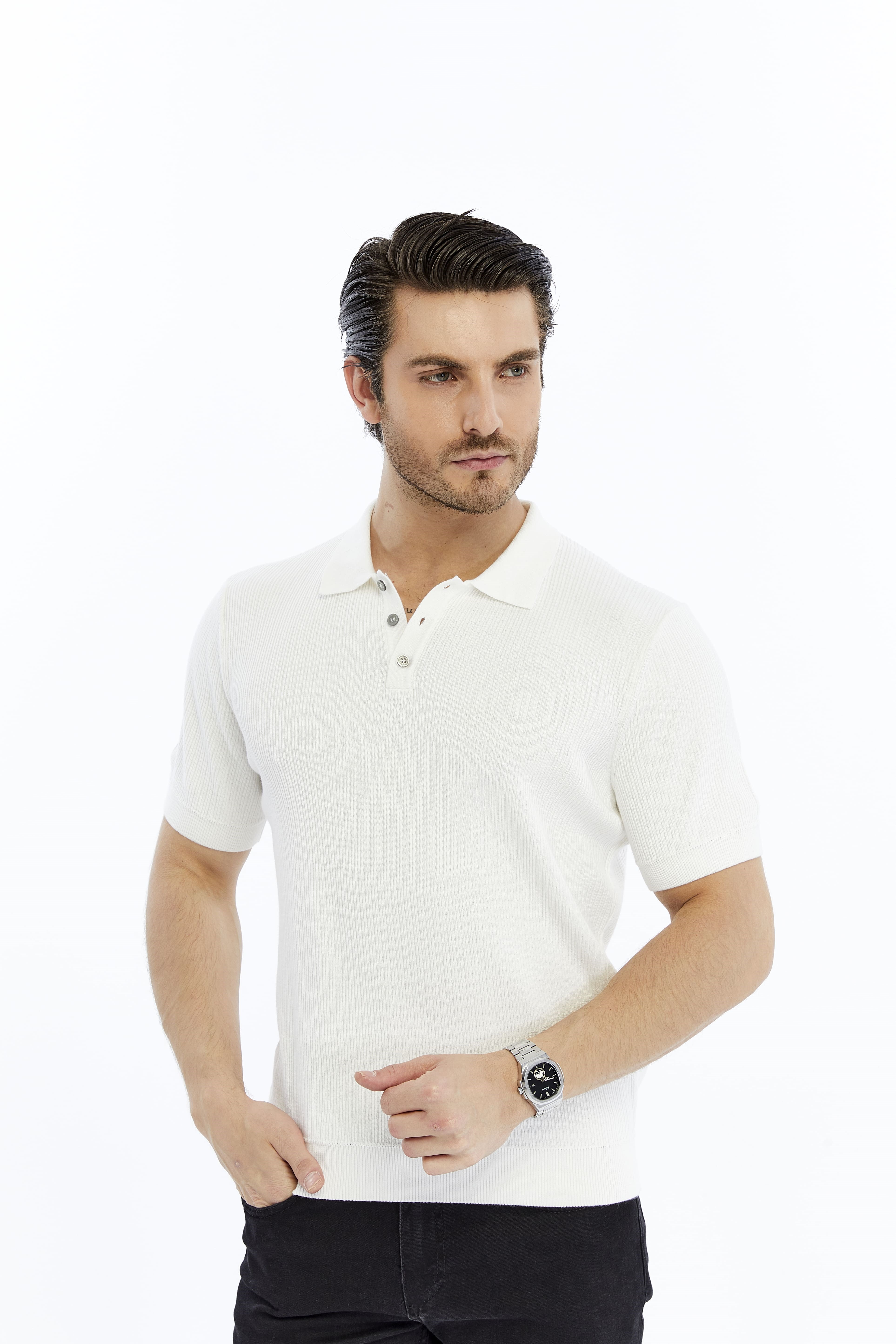 Beyaz Erkek %100 Pamuk Polo Yaka Kısa Kollu Fitilli Örgü Triko T-shirt TRIST-7108