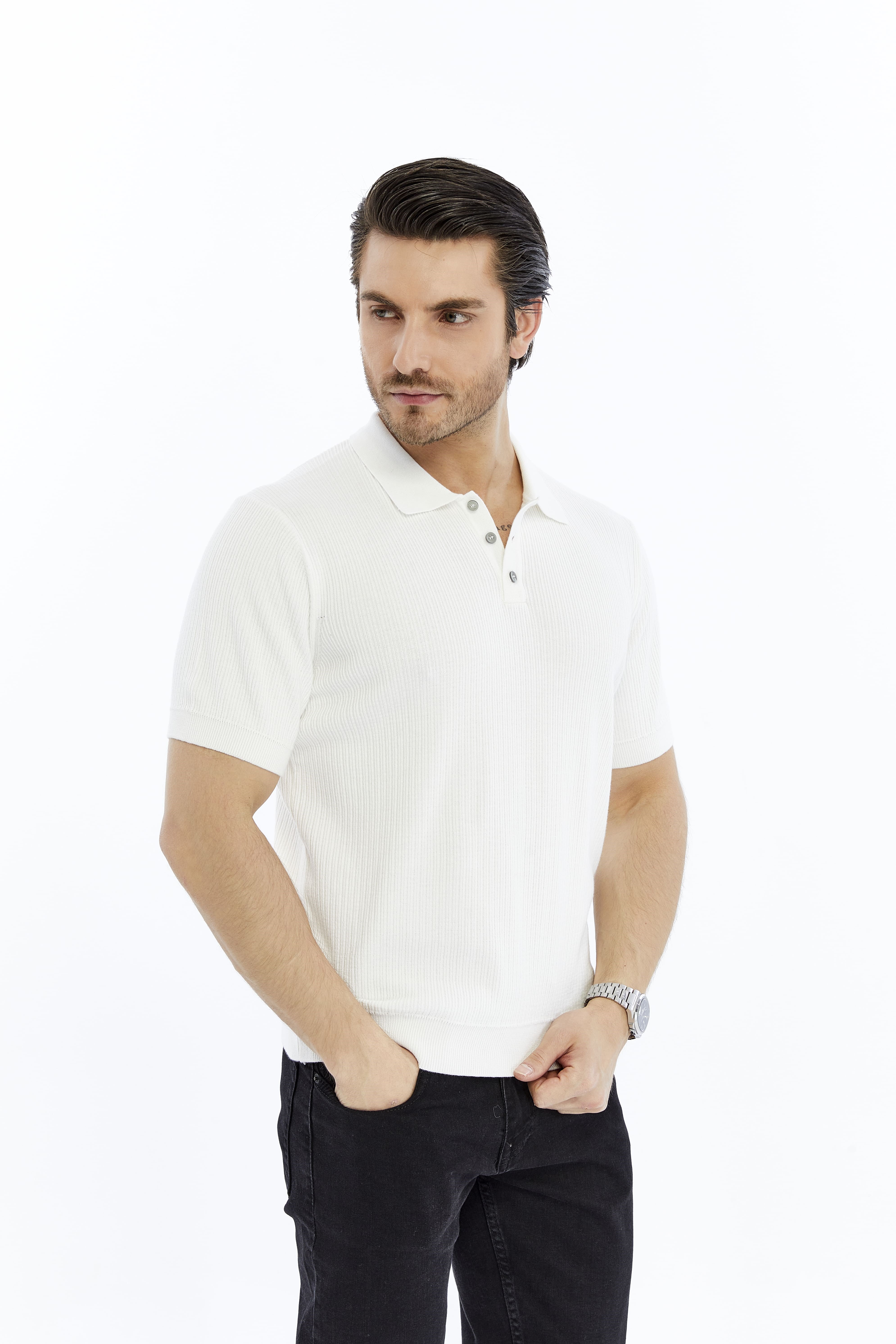 Beyaz Erkek %100 Pamuk Polo Yaka Kısa Kollu Fitilli Örgü Triko T-shirt TRIST-7108