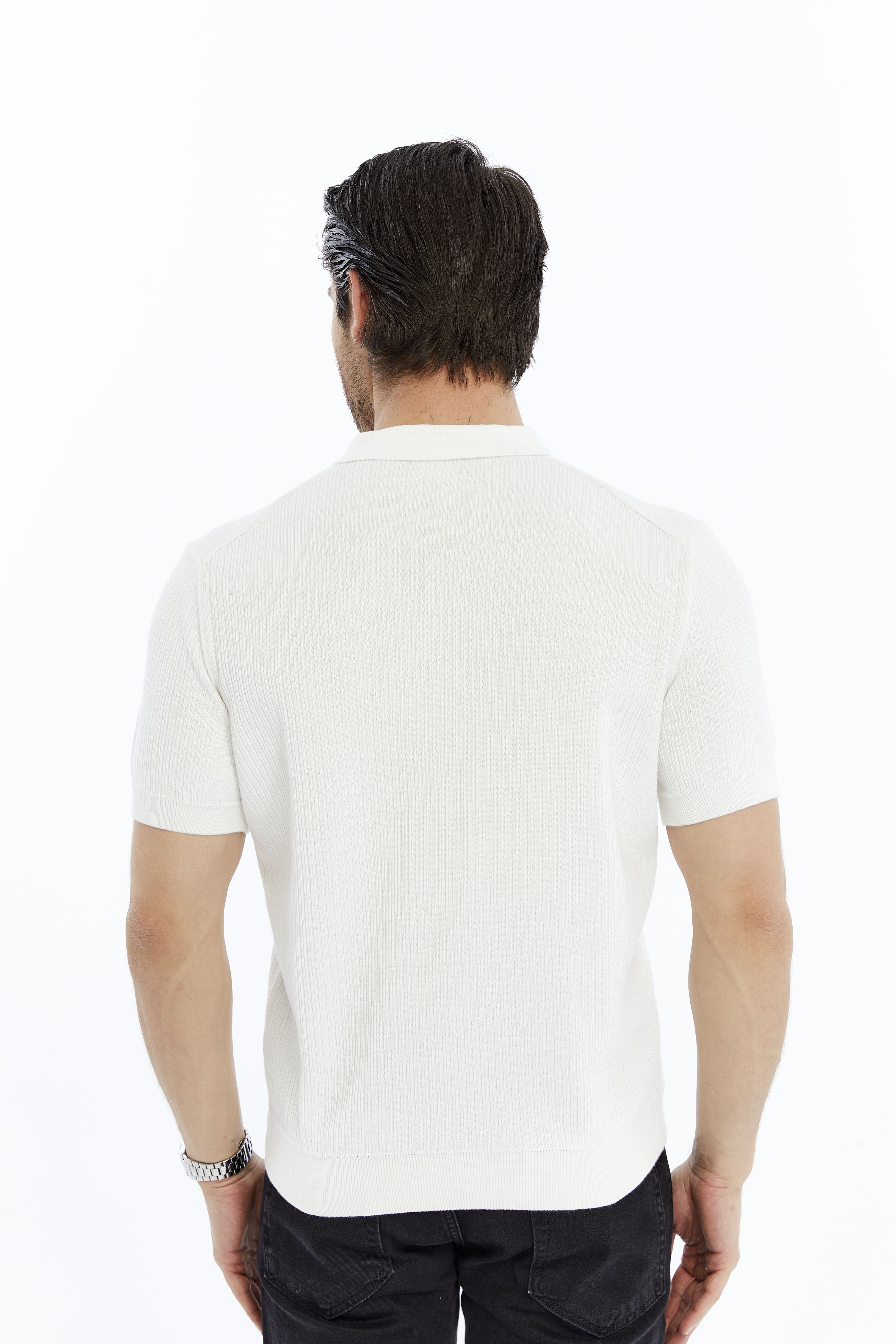 Beyaz Erkek %100 Pamuk Polo Yaka Kısa Kollu Fitilli Örgü Triko T-shirt TRIST-7108