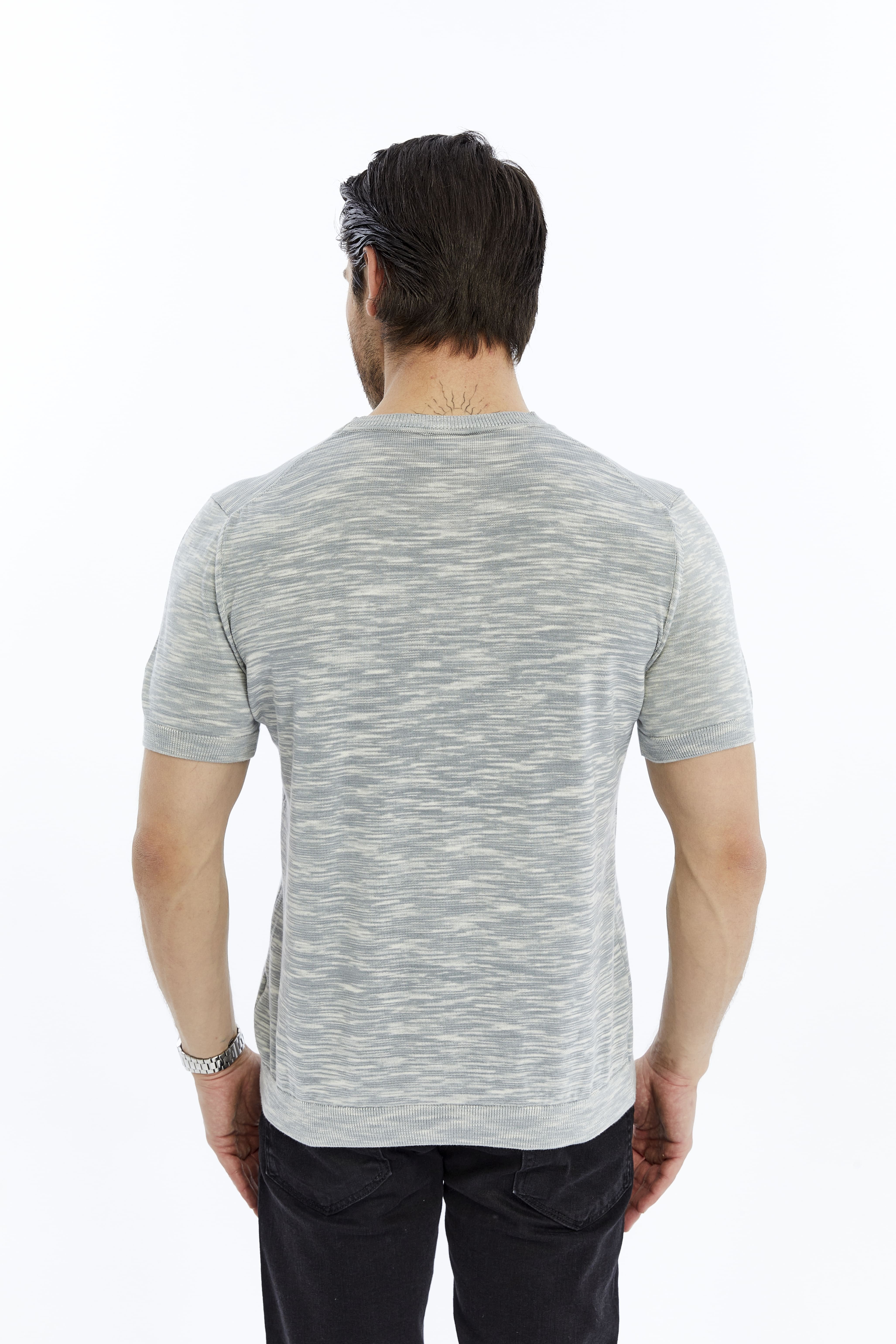 Gri Erkek %100 Pamuk Bisiklet Yaka Kısa Kollu Kırçıllı Örgü Triko T-shirt TRIST-7109