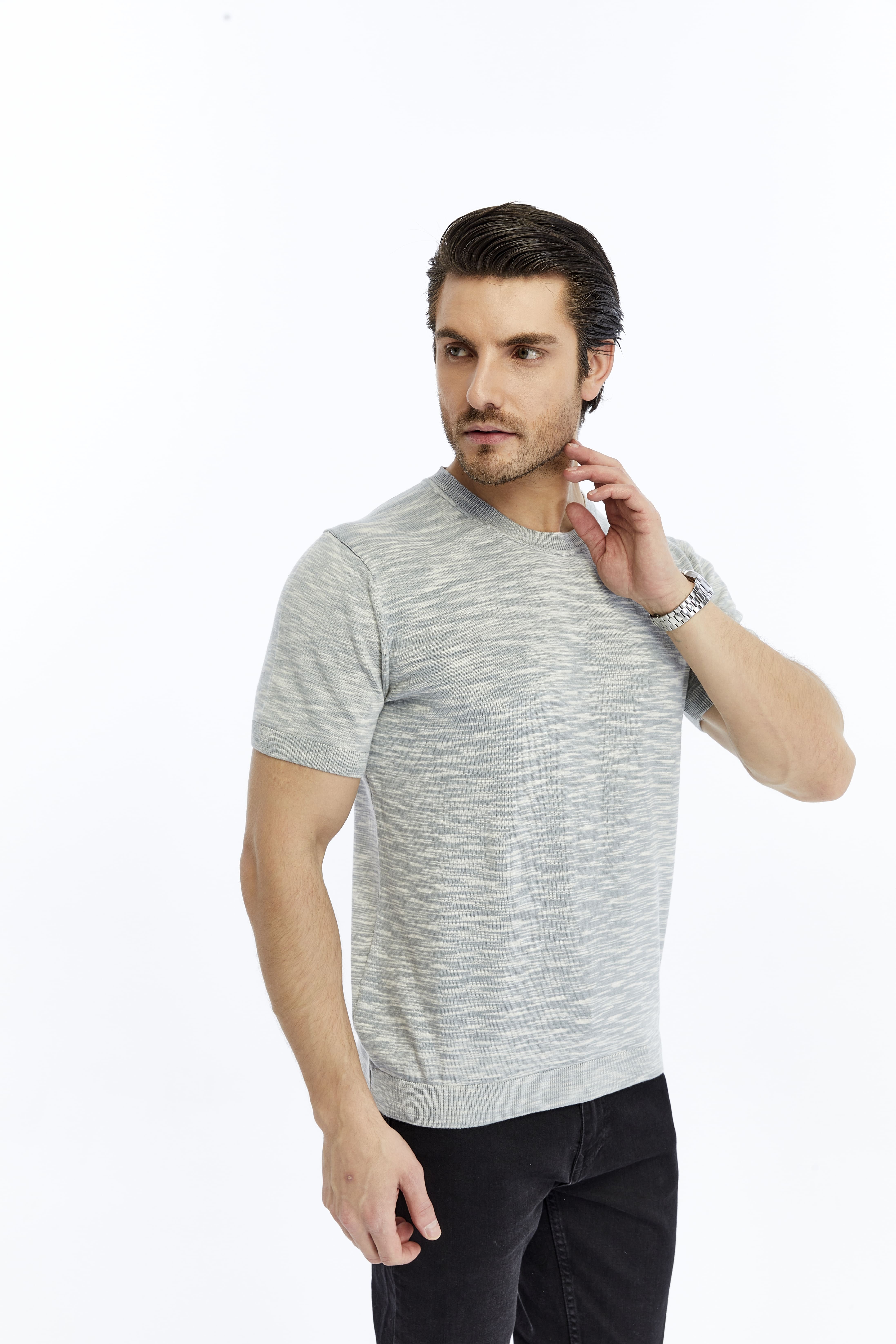 Gri Erkek %100 Pamuk Bisiklet Yaka Kısa Kollu Kırçıllı Örgü Triko T-shirt TRIST-7109