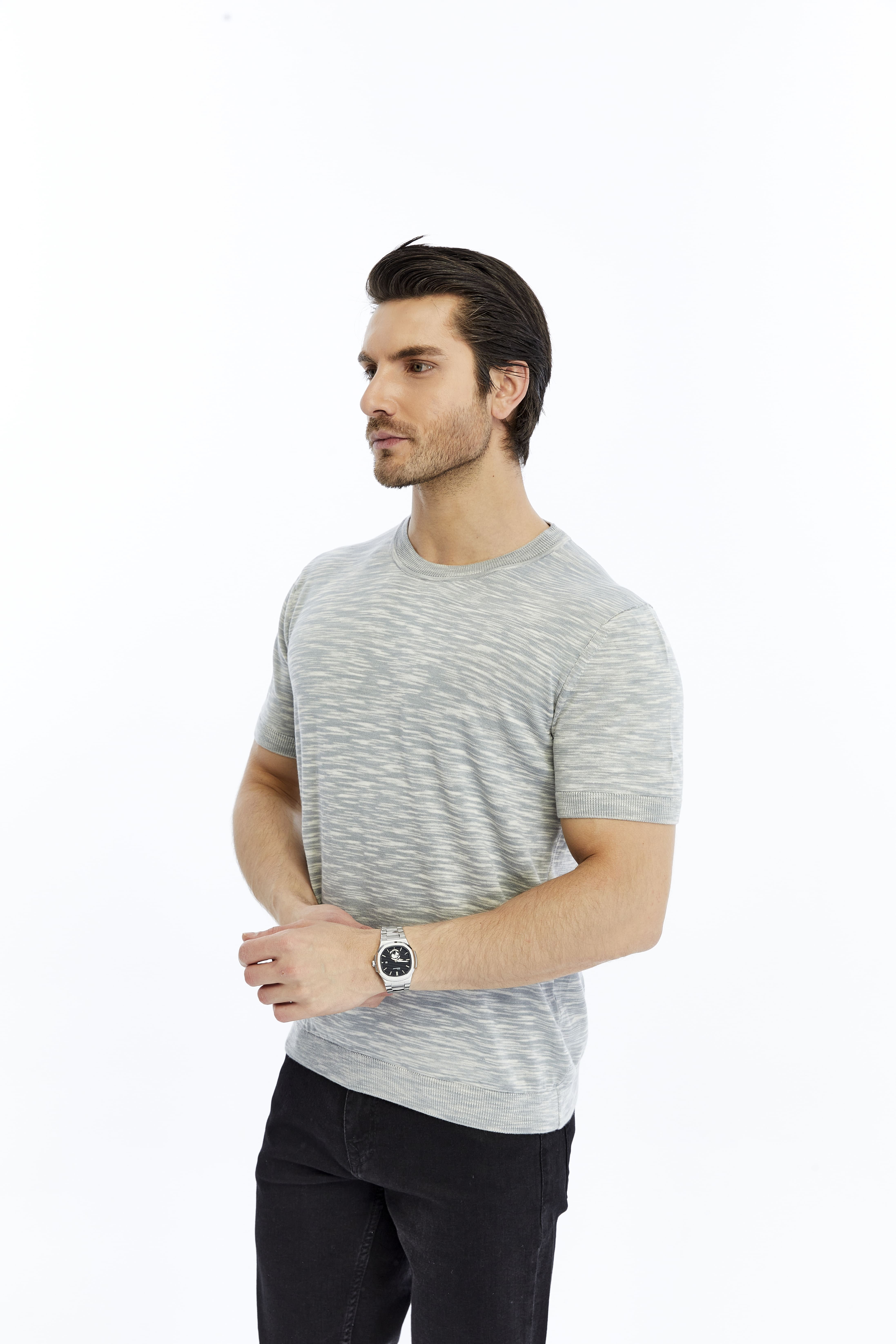 Gri Erkek %100 Pamuk Bisiklet Yaka Kısa Kollu Kırçıllı Örgü Triko T-shirt TRIST-7109