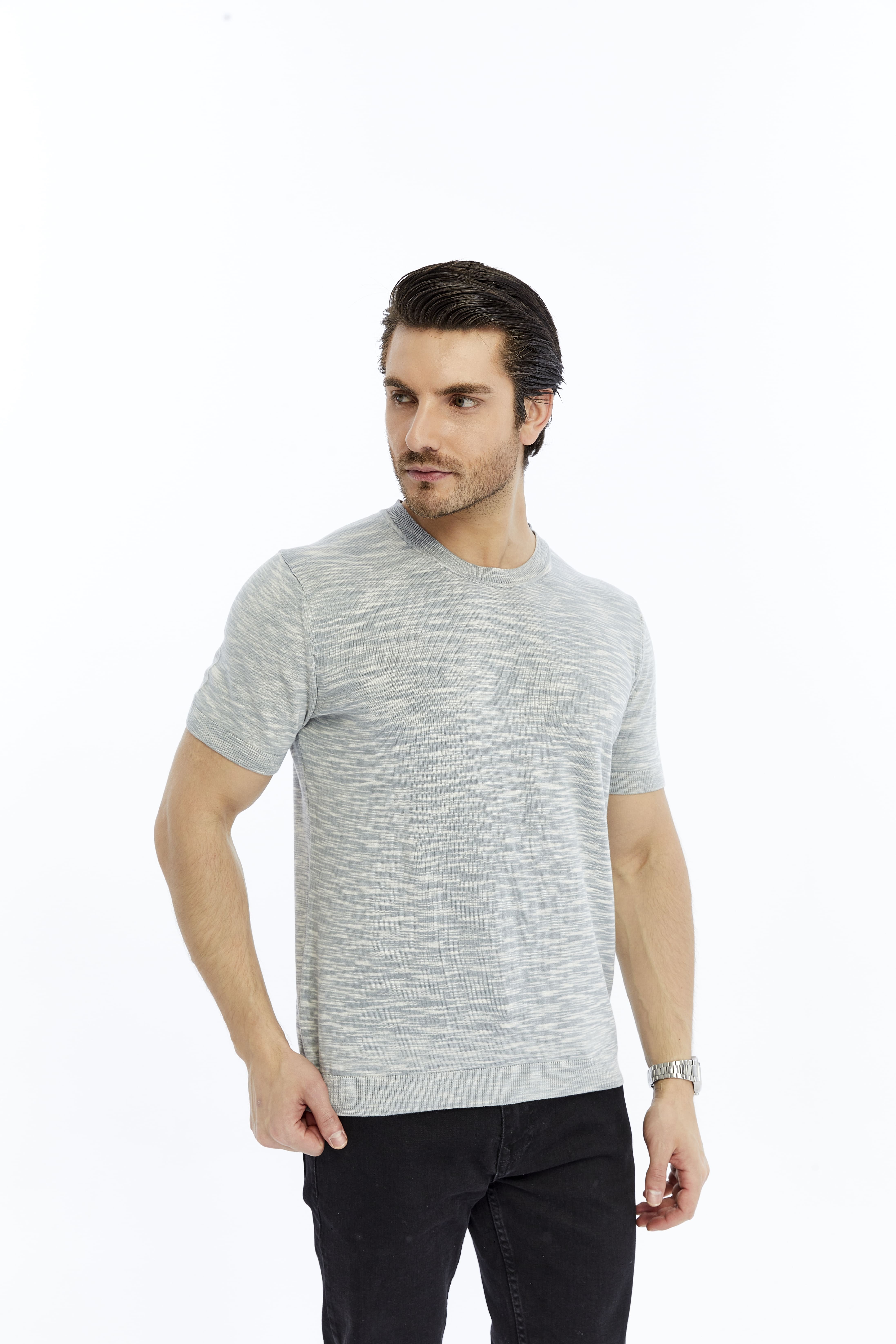 Gri Erkek %100 Pamuk Bisiklet Yaka Kısa Kollu Kırçıllı Örgü Triko T-shirt TRIST-7109