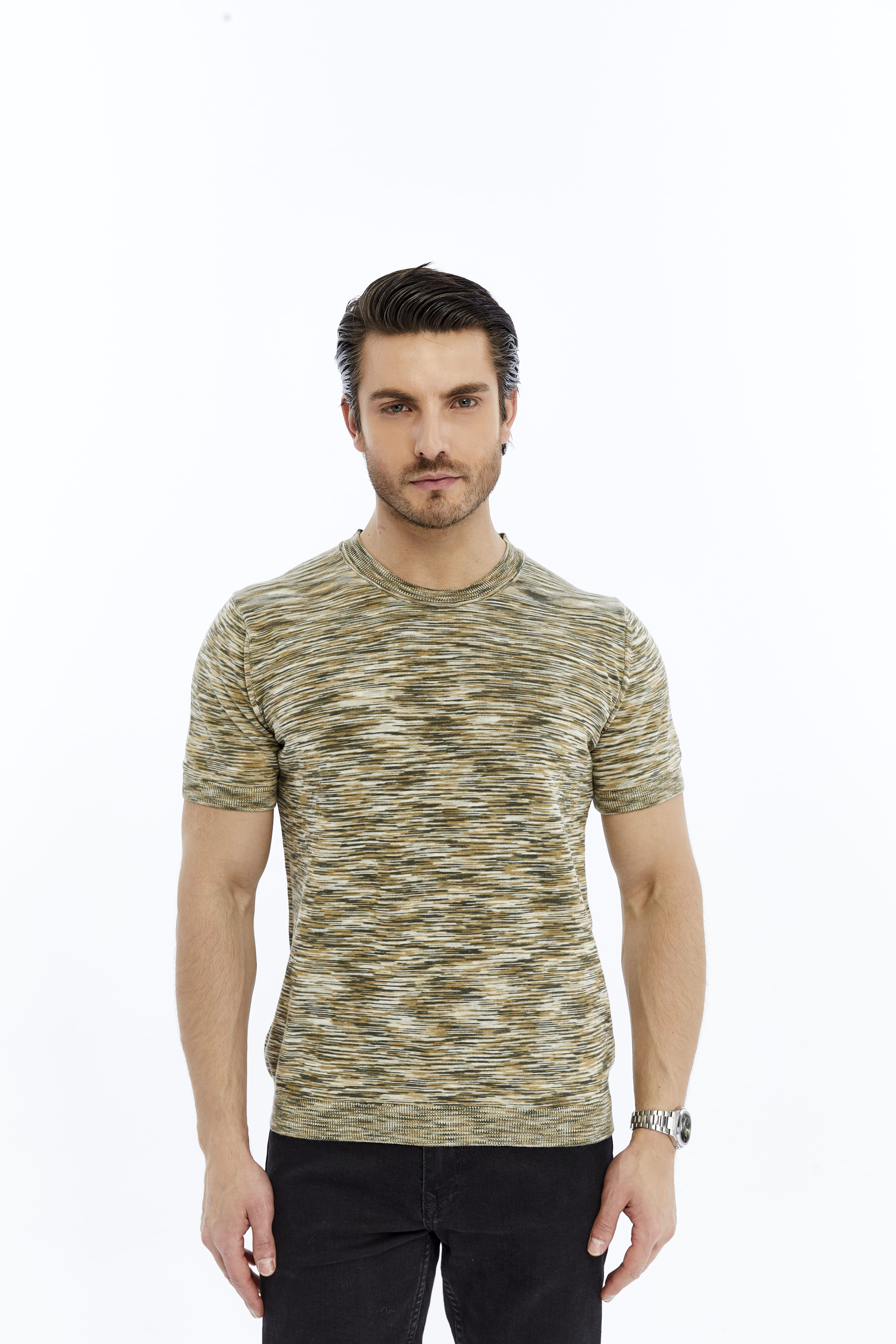 Haki Erkek %100 Pamuk Bisiklet Yaka Kısa Kollu Kırçıllı Örgü Triko T-shirt TRIST-7109