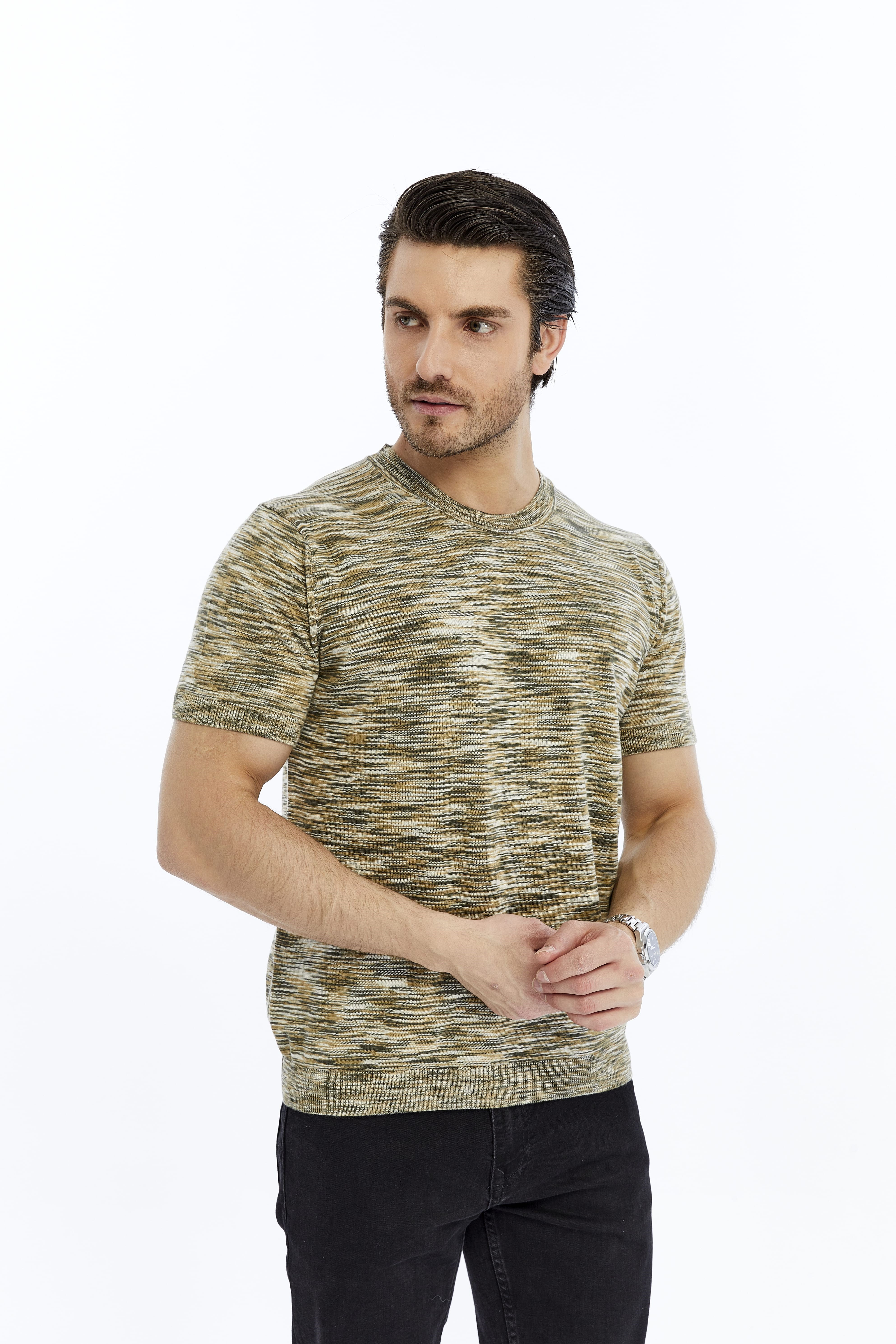 Haki Erkek %100 Pamuk Bisiklet Yaka Kısa Kollu Kırçıllı Örgü Triko T-shirt TRIST-7109
