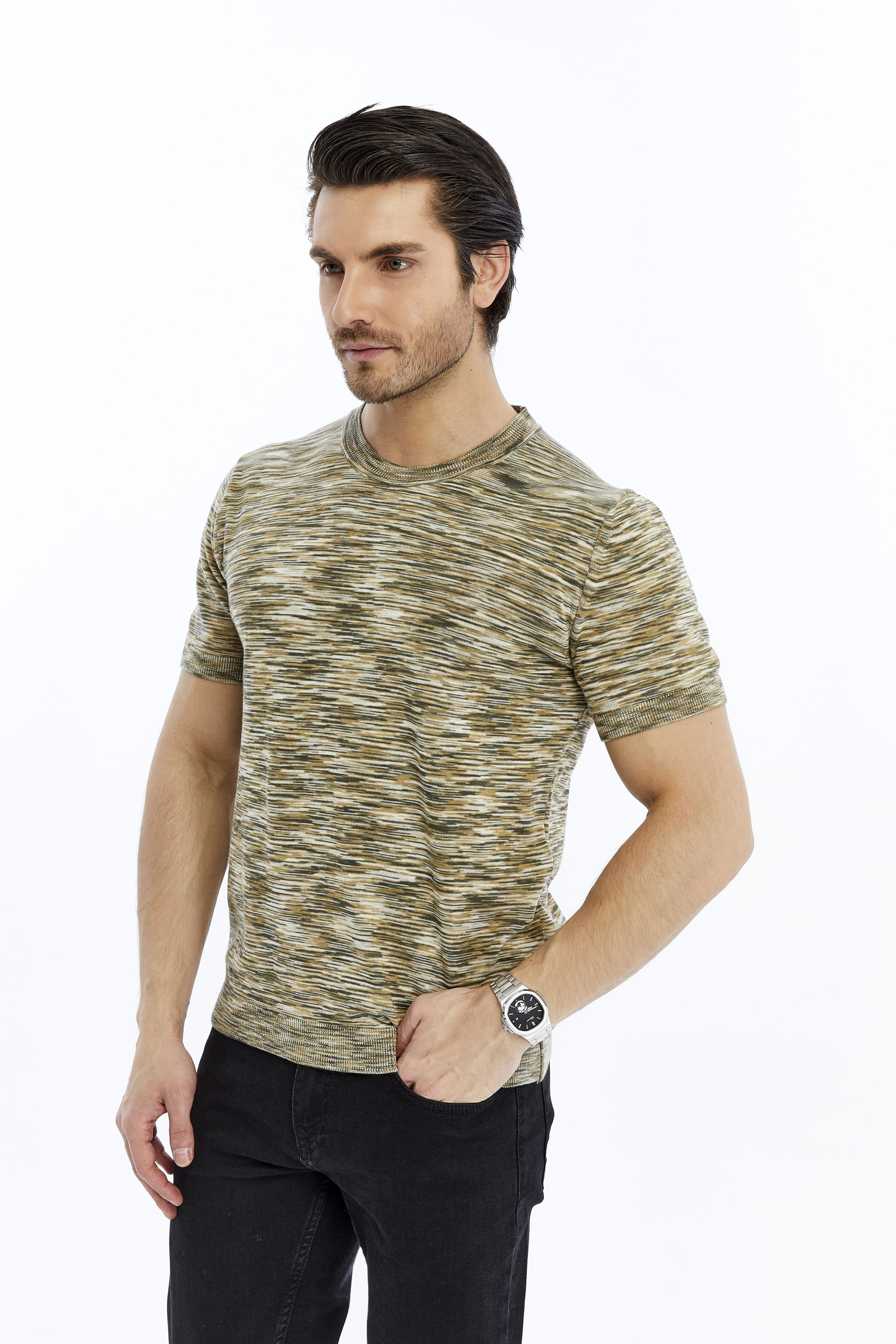 Haki Erkek %100 Pamuk Bisiklet Yaka Kısa Kollu Kırçıllı Örgü Triko T-shirt TRIST-7109