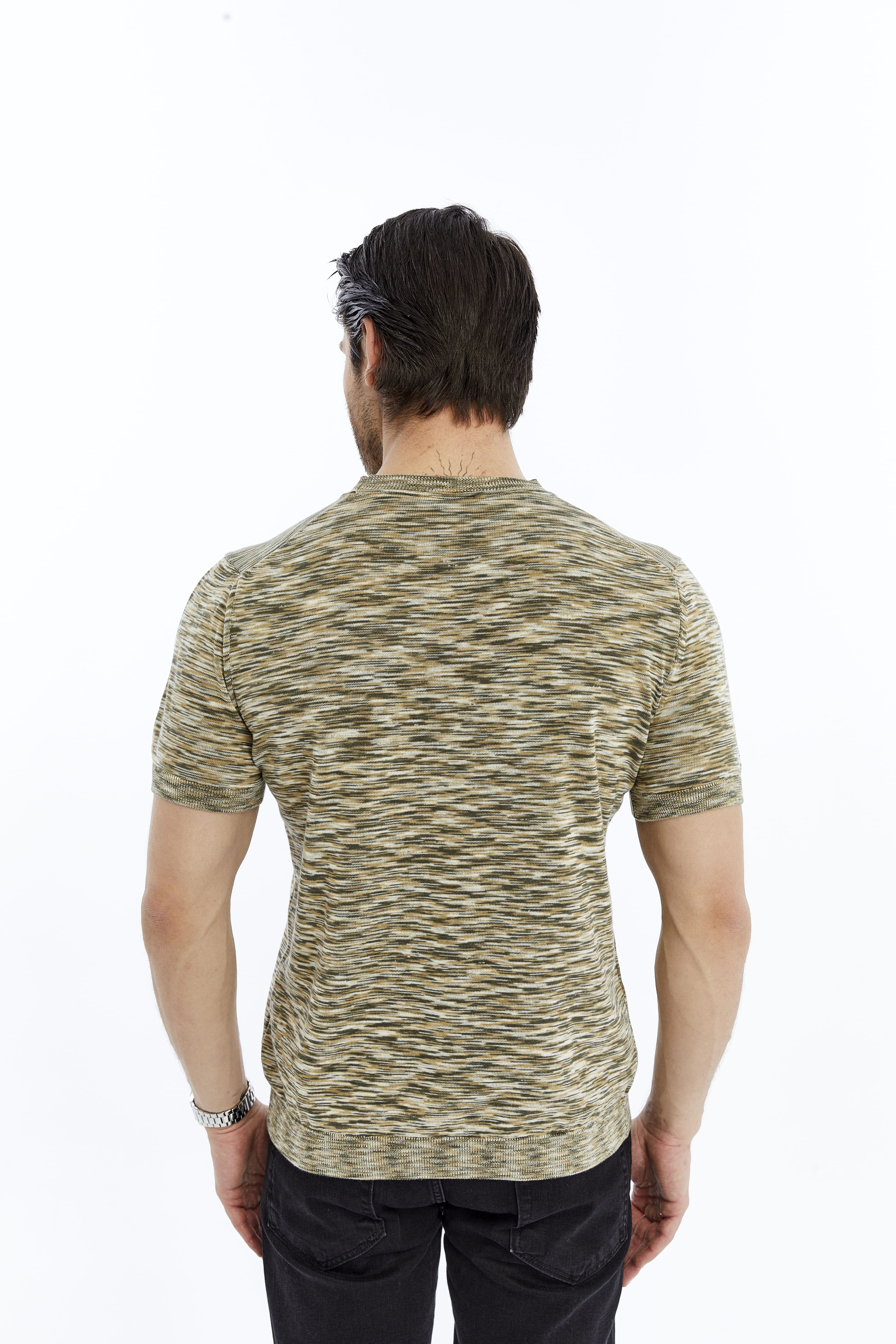 Haki Erkek %100 Pamuk Bisiklet Yaka Kısa Kollu Kırçıllı Örgü Triko T-shirt TRIST-7109