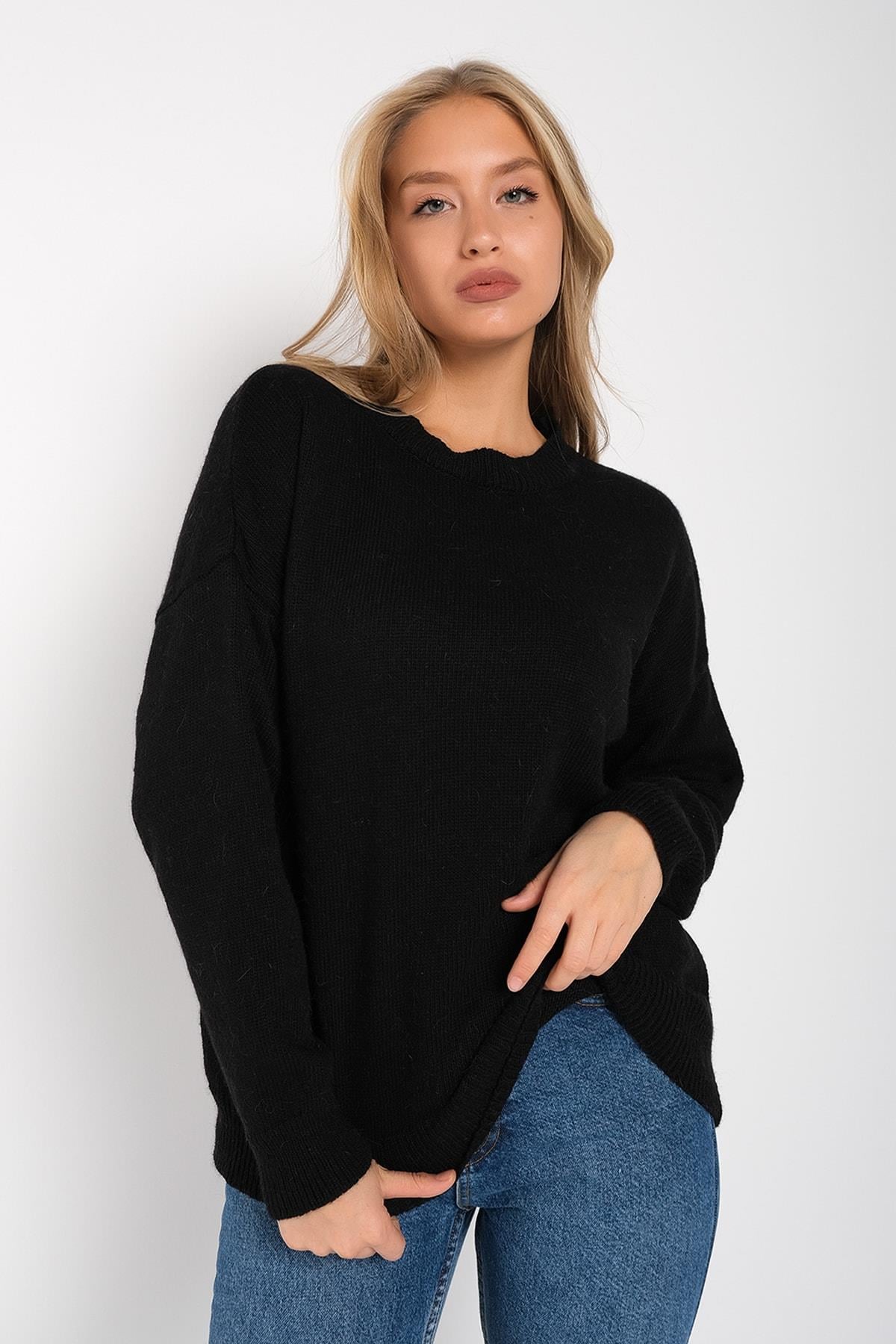 Kadın Siyah Bisiklet Yaka Angora Yünlü Oversize Kazak Örme Triko Kazak Trist-6137