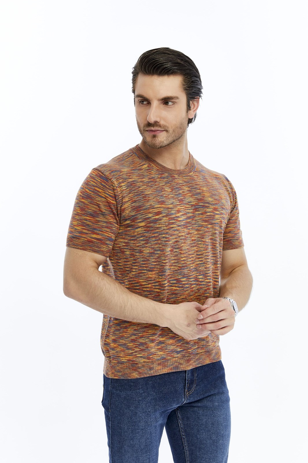 Kiremit Erkek %100 Pamuk Bisiklet Yaka Kısa Kollu Kırçıllı Örgü Triko T-shirt TRIST-7109
