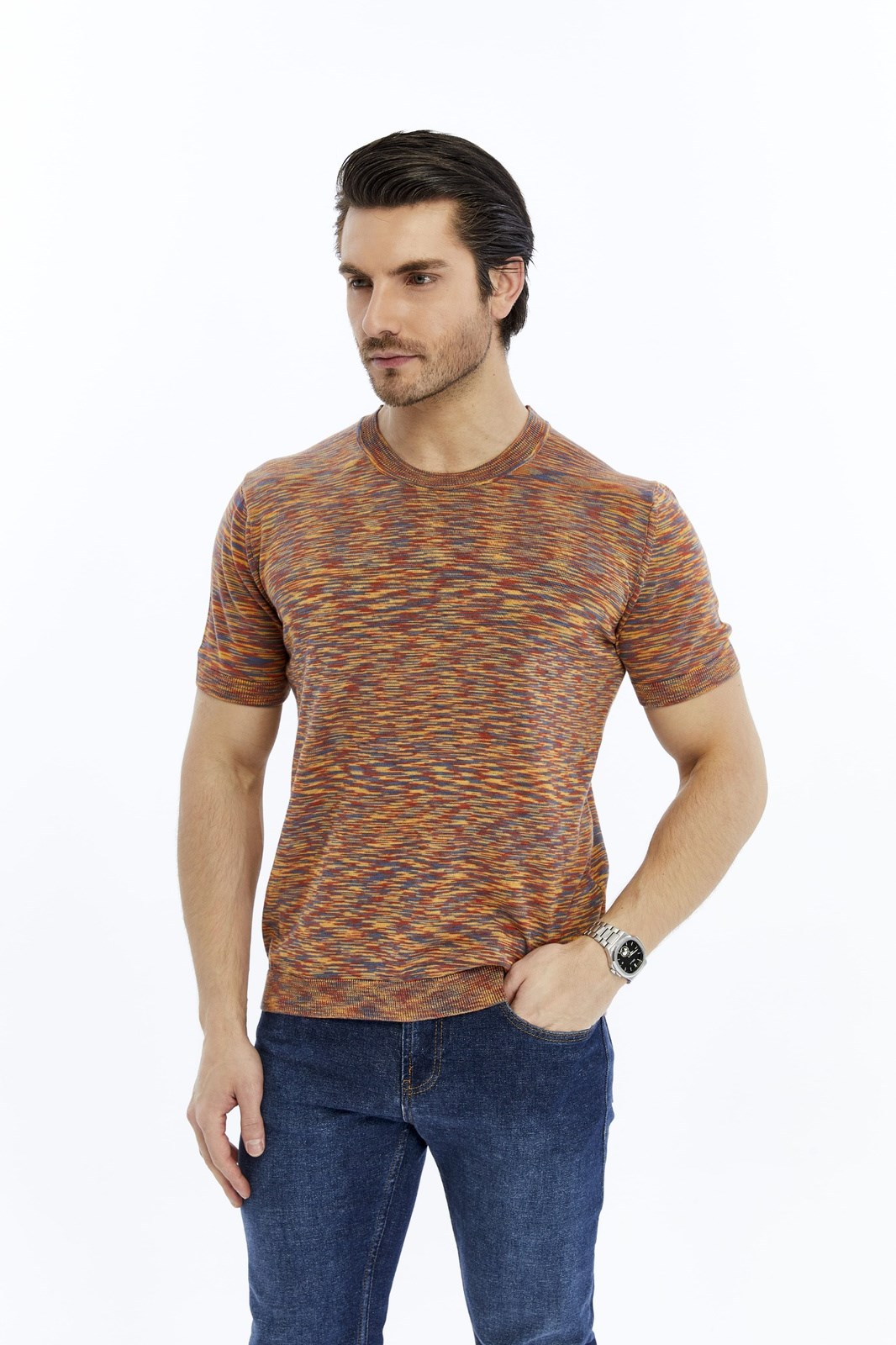 Kiremit Erkek %100 Pamuk Bisiklet Yaka Kısa Kollu Kırçıllı Örgü Triko T-shirt TRIST-7109