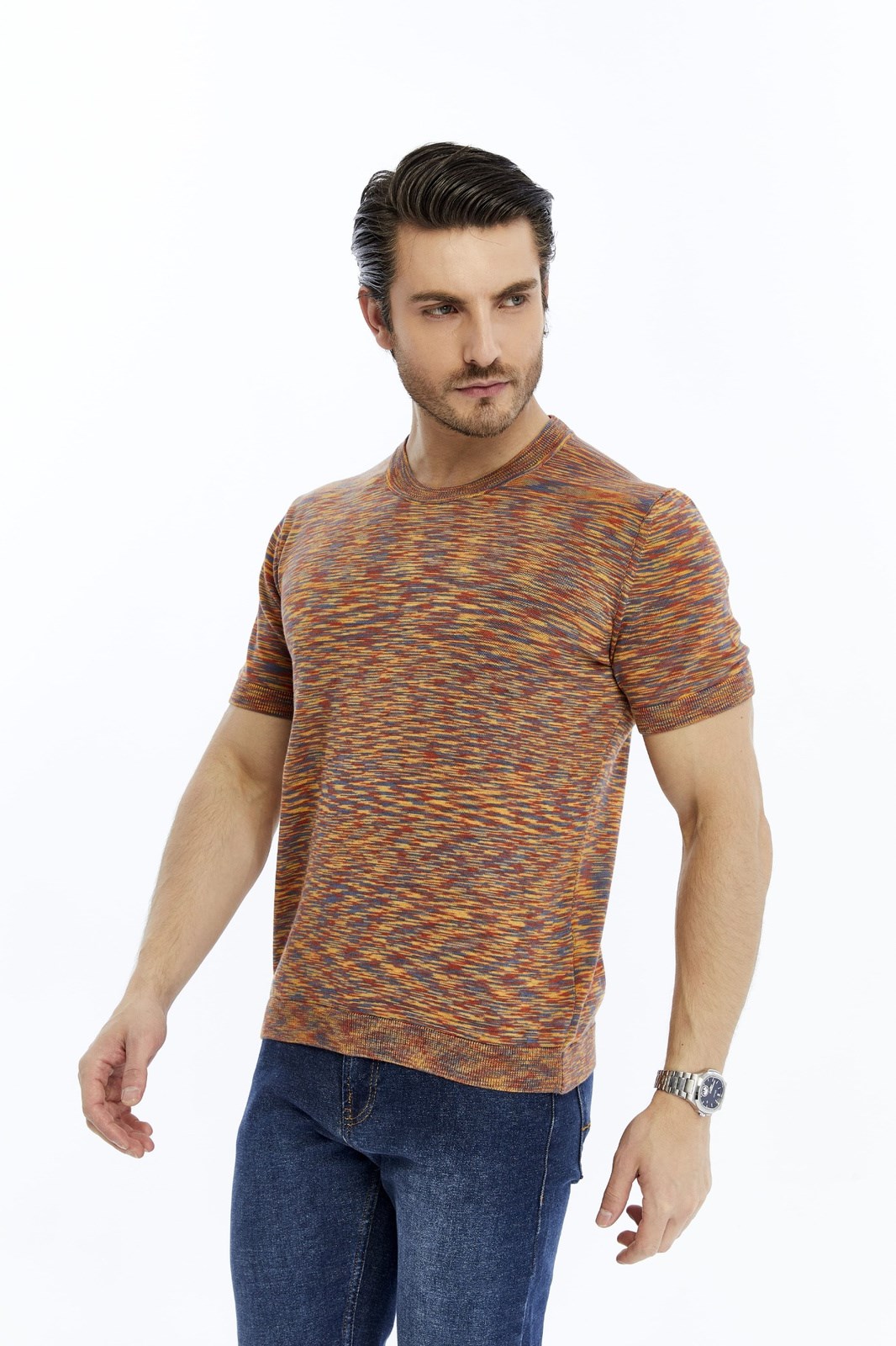 Kiremit Erkek %100 Pamuk Bisiklet Yaka Kısa Kollu Kırçıllı Örgü Triko T-shirt TRIST-7109