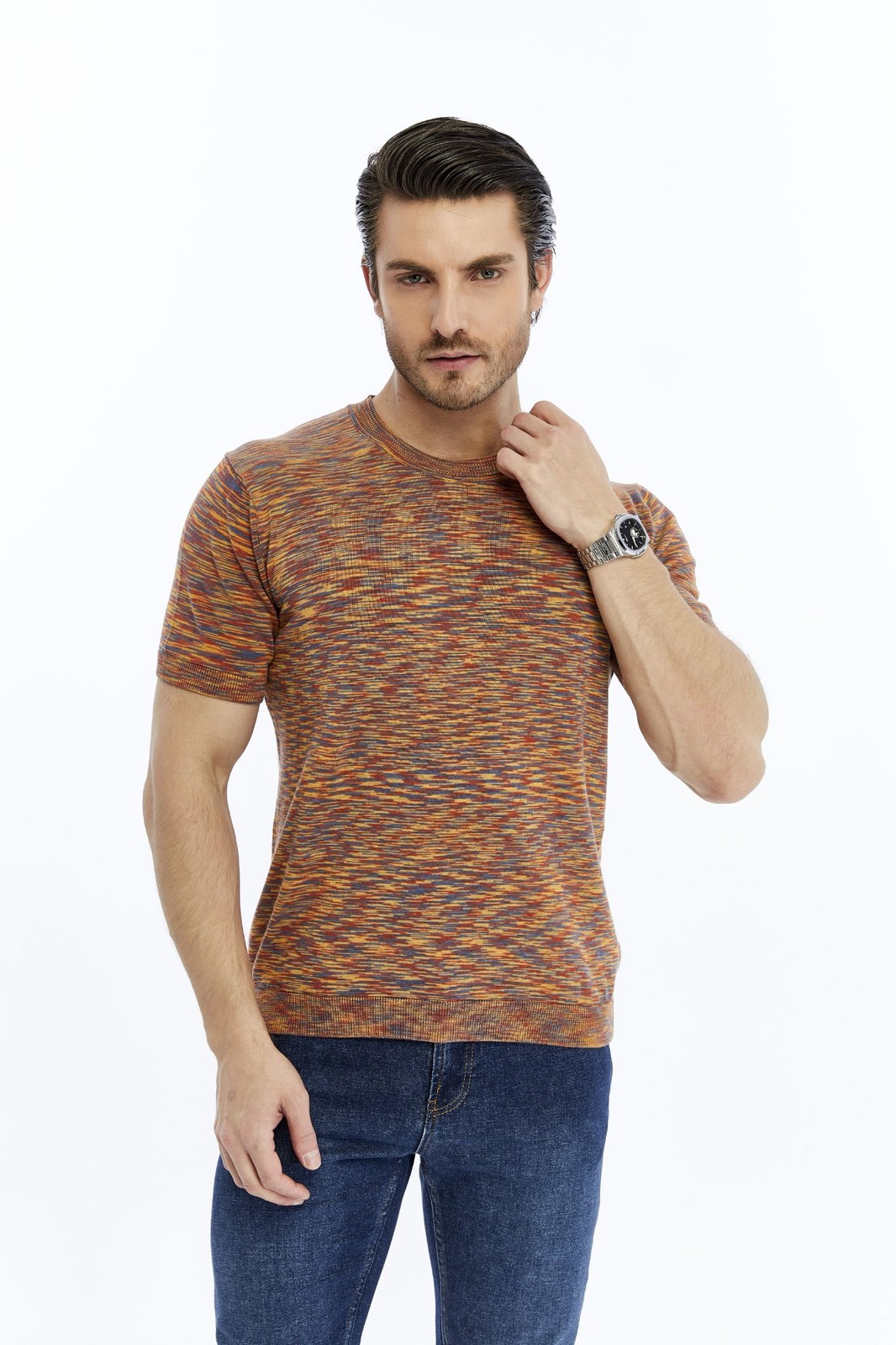 Kiremit Erkek %100 Pamuk Bisiklet Yaka Kısa Kollu Kırçıllı Örgü Triko T-shirt TRIST-7109