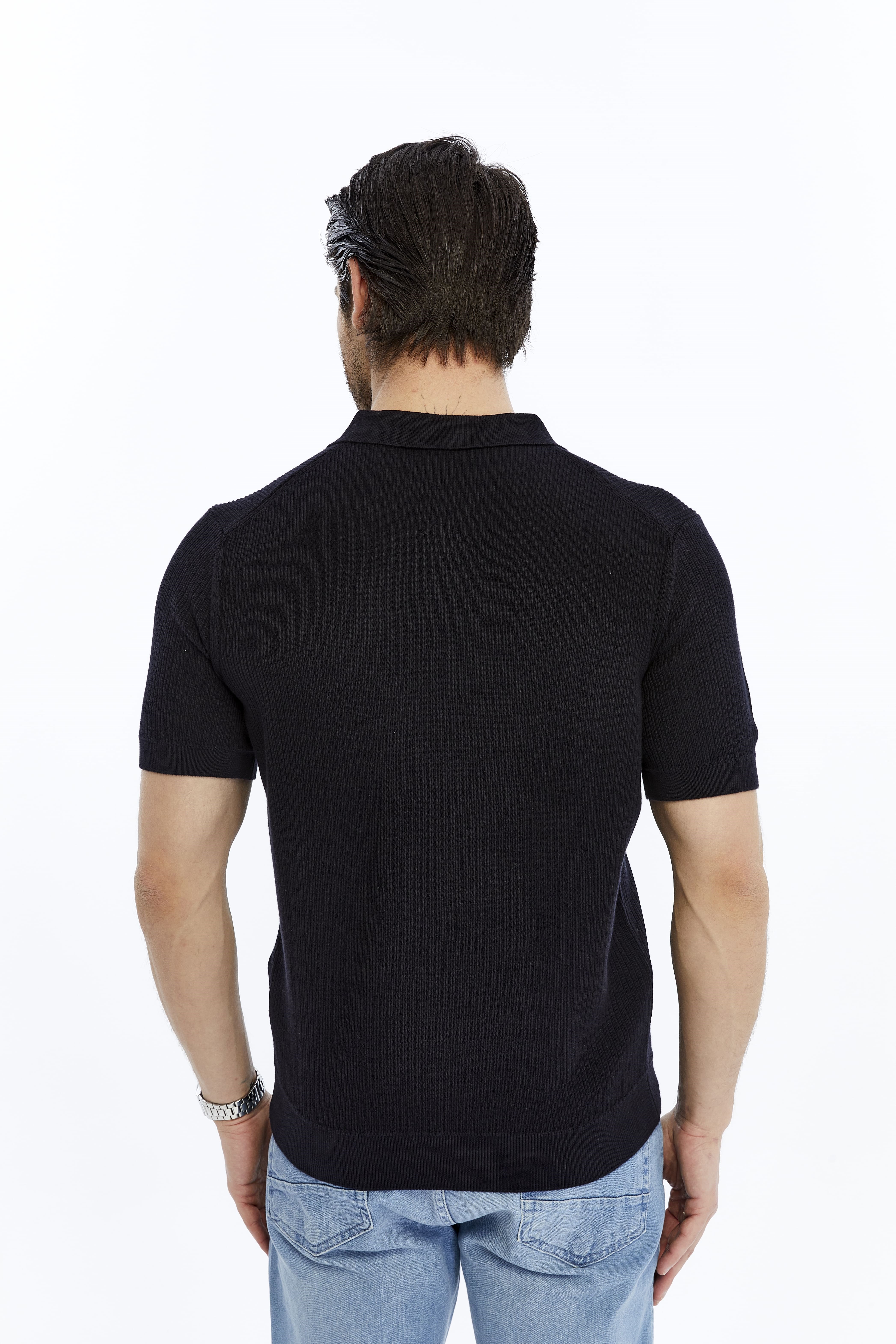 Koyu Lacivert Erkek %100 Pamuk Polo Yaka Kısa Kollu Fitilli Örgü Triko T-shirt TRIST-7108