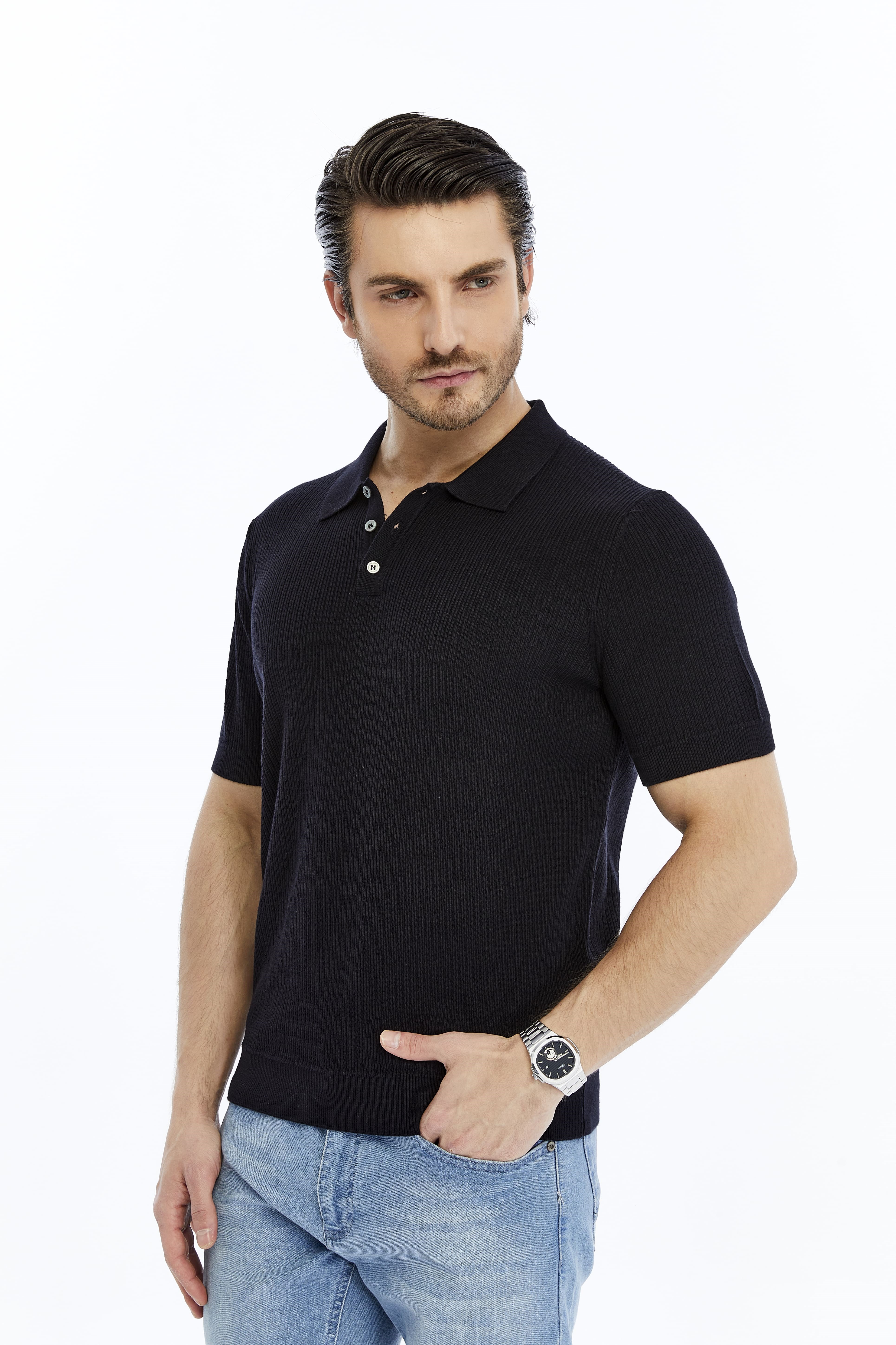 Koyu Lacivert Erkek %100 Pamuk Polo Yaka Kısa Kollu Fitilli Örgü Triko T-shirt TRIST-7108