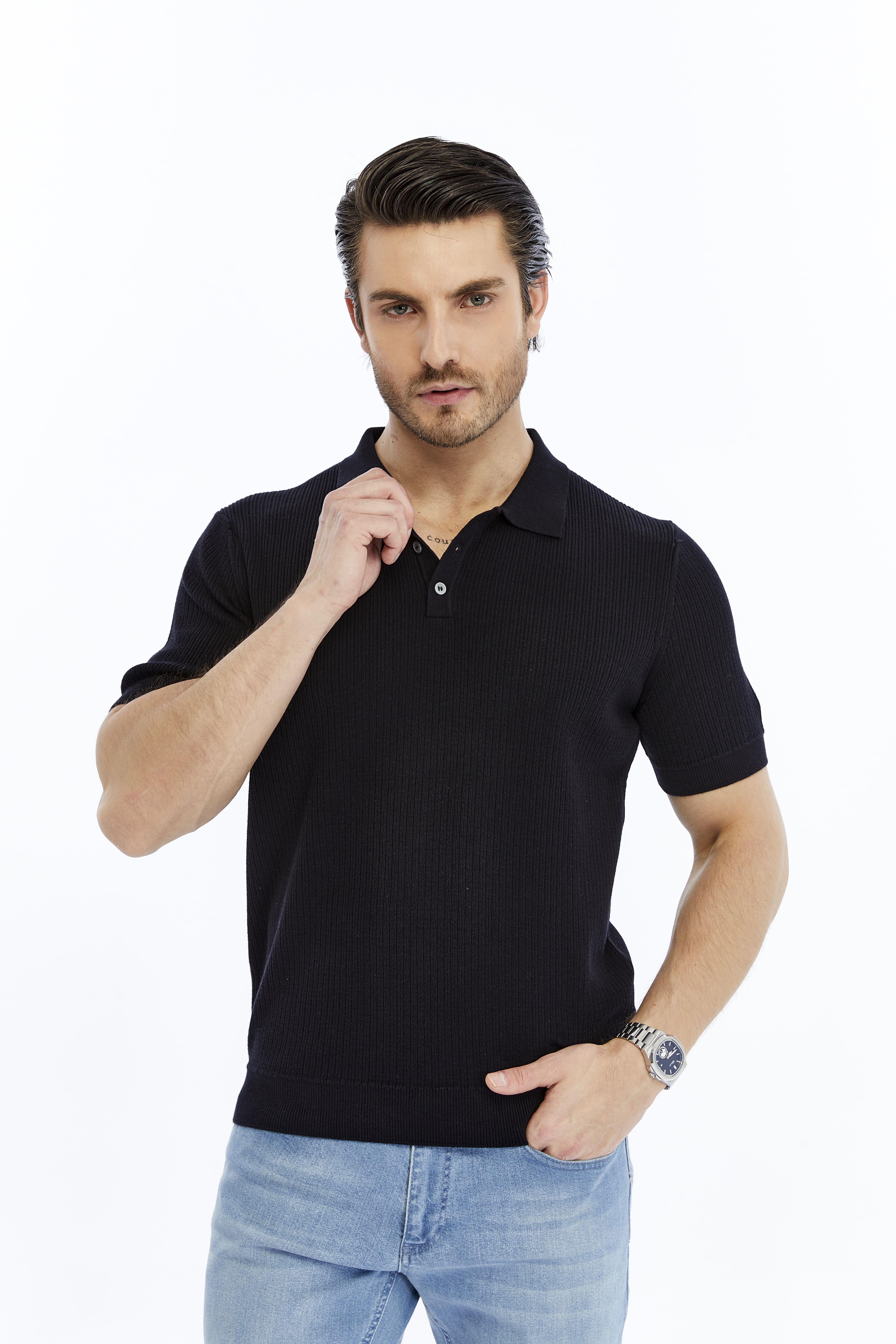 Koyu Lacivert Erkek %100 Pamuk Polo Yaka Kısa Kollu Fitilli Örgü Triko T-shirt TRIST-7108