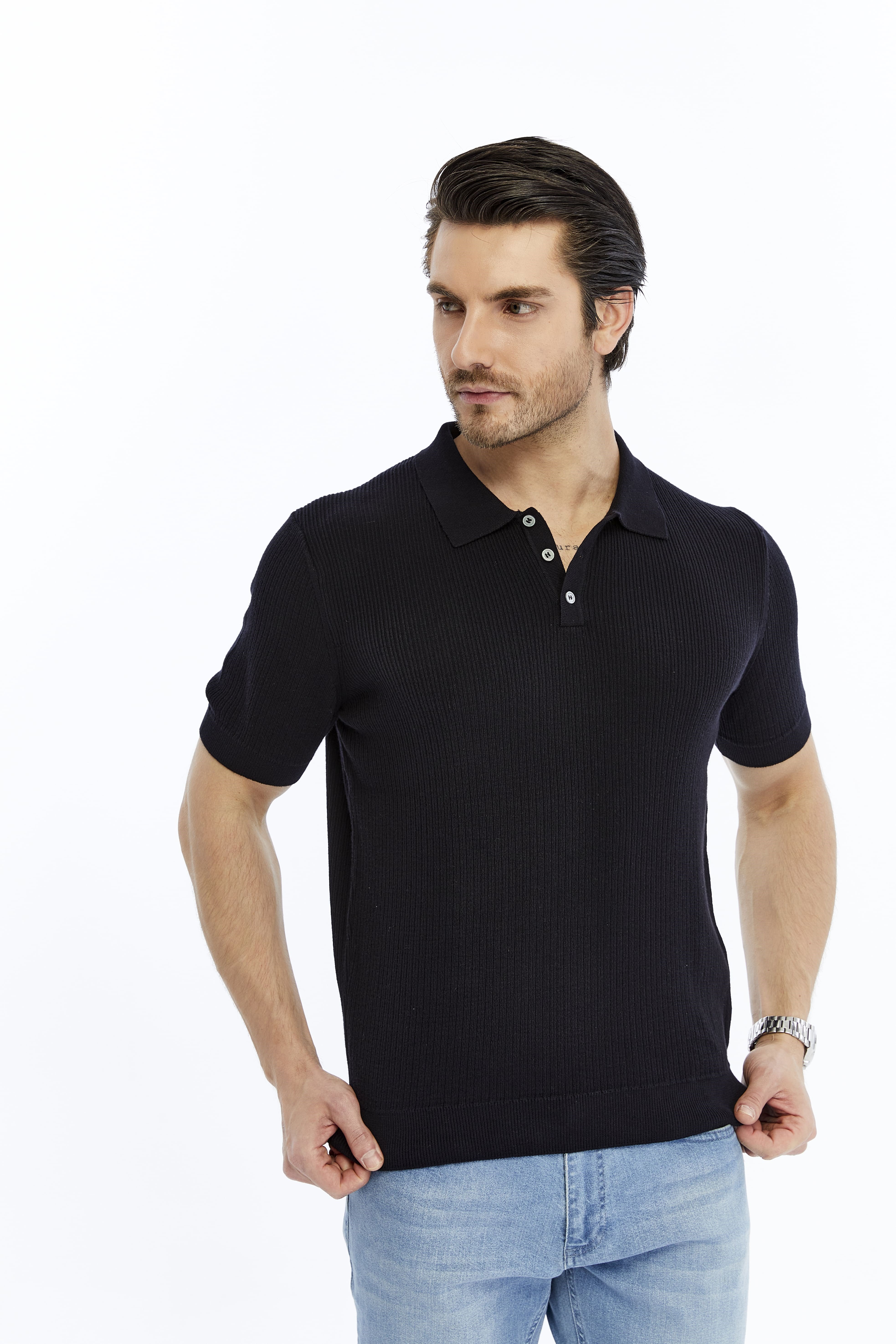 Koyu Lacivert Erkek %100 Pamuk Polo Yaka Kısa Kollu Fitilli Örgü Triko T-shirt TRIST-7108