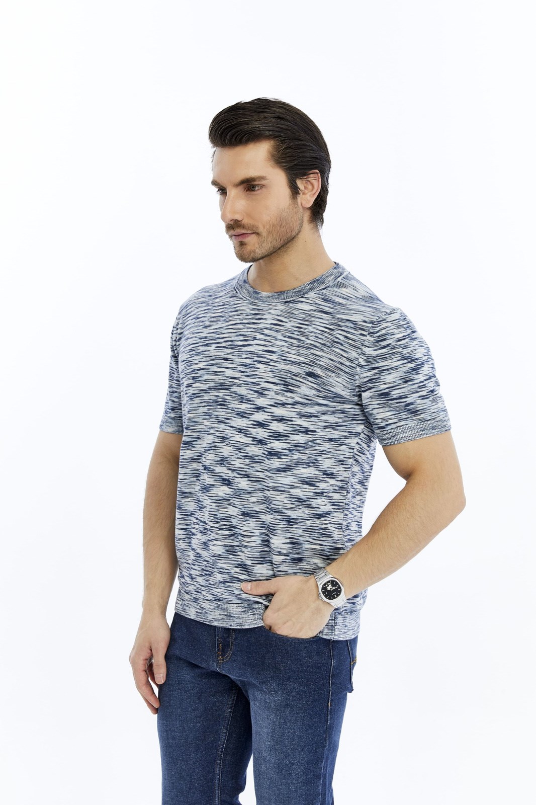 Lacivert Erkek %100 Pamuk Bisiklet Yaka Kısa Kollu Kırçıllı Örgü Triko T-shirt TRIST-710