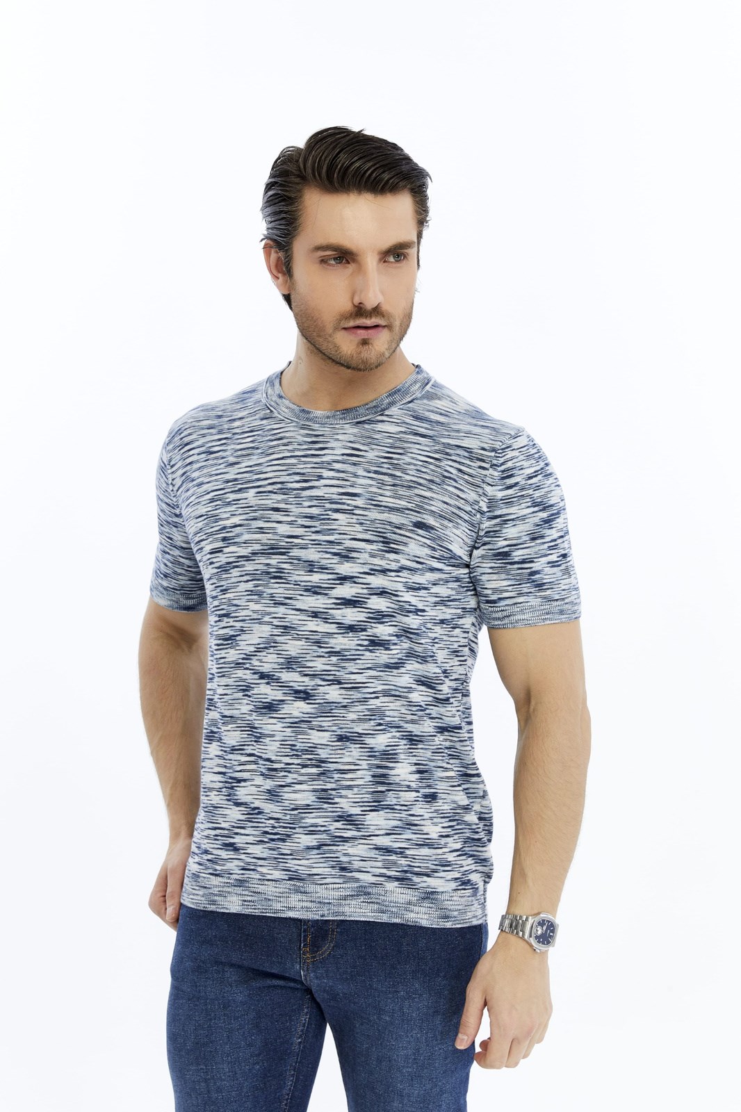 Lacivert Erkek %100 Pamuk Bisiklet Yaka Kısa Kollu Kırçıllı Örgü Triko T-shirt TRIST-710