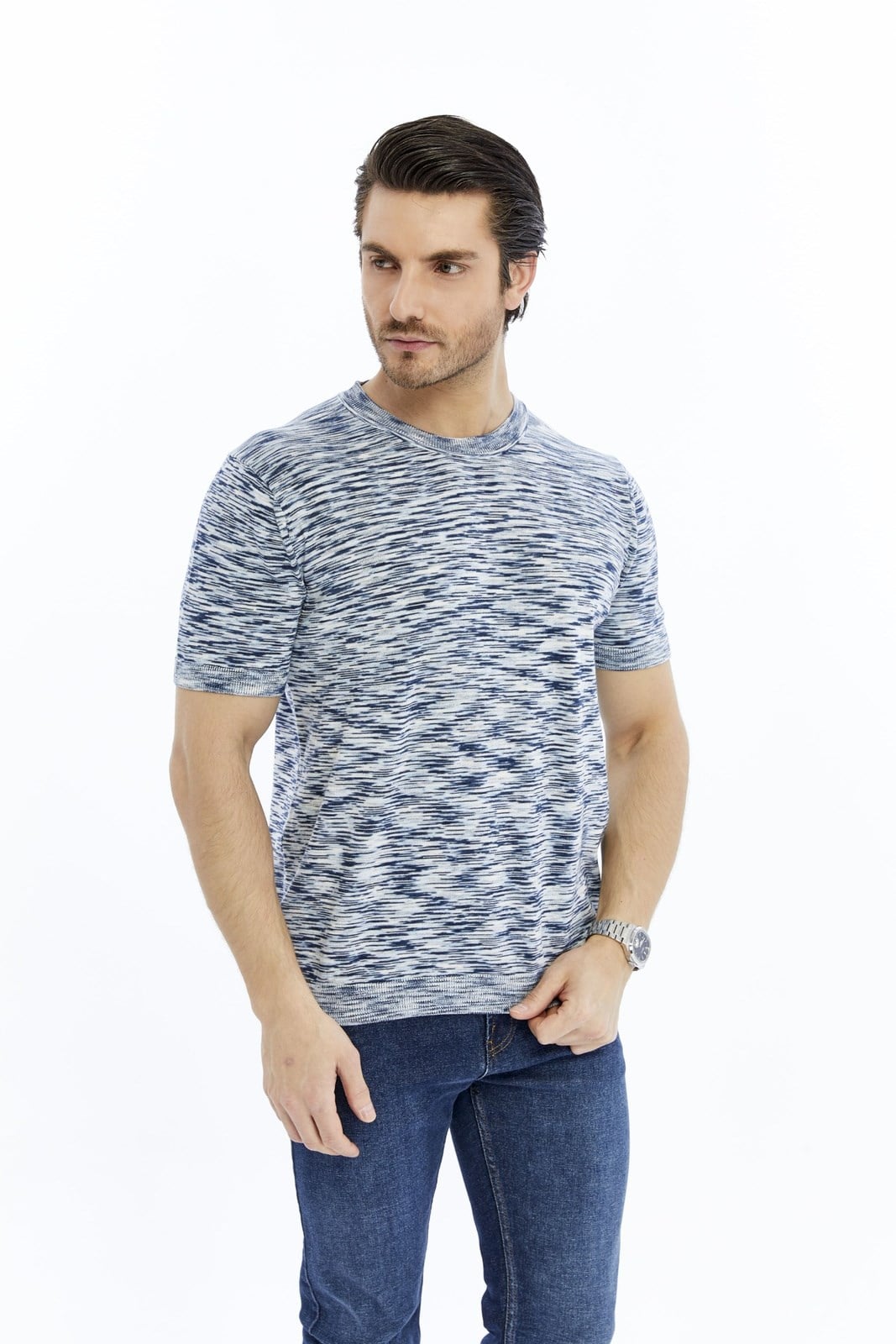 Lacivert Erkek %100 Pamuk Bisiklet Yaka Kısa Kollu Kırçıllı Örgü Triko T-shirt TRIST-710
