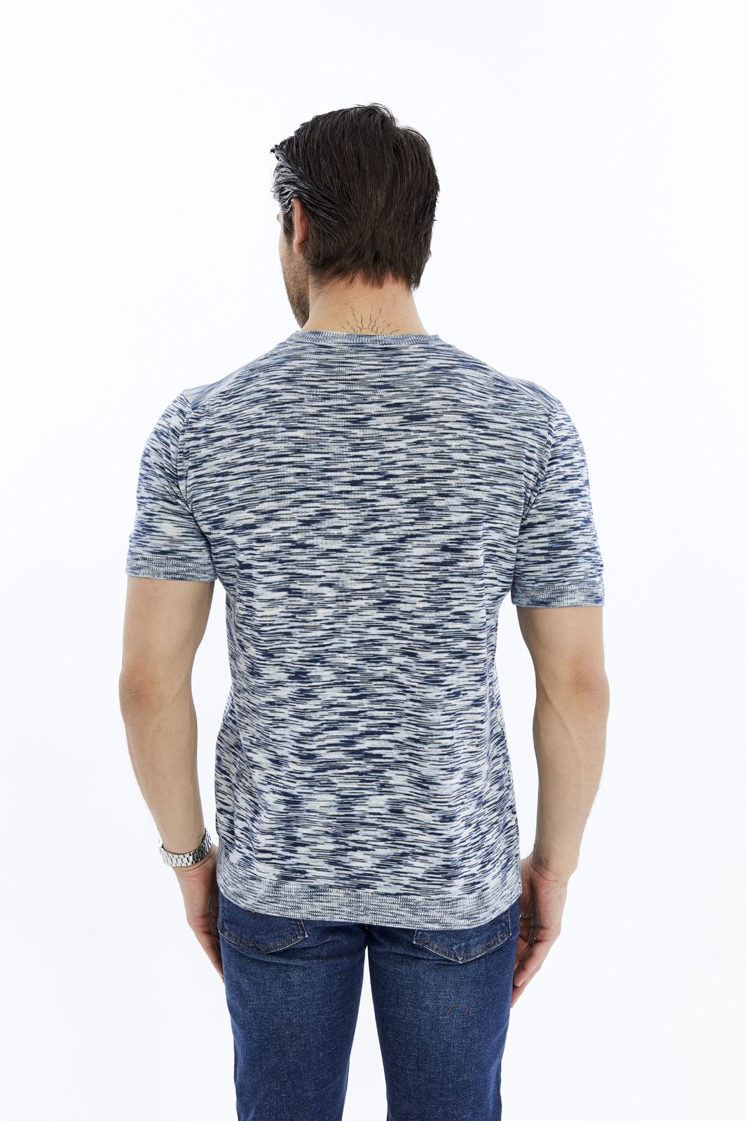Lacivert Erkek %100 Pamuk Bisiklet Yaka Kısa Kollu Kırçıllı Örgü Triko T-shirt TRIST-710