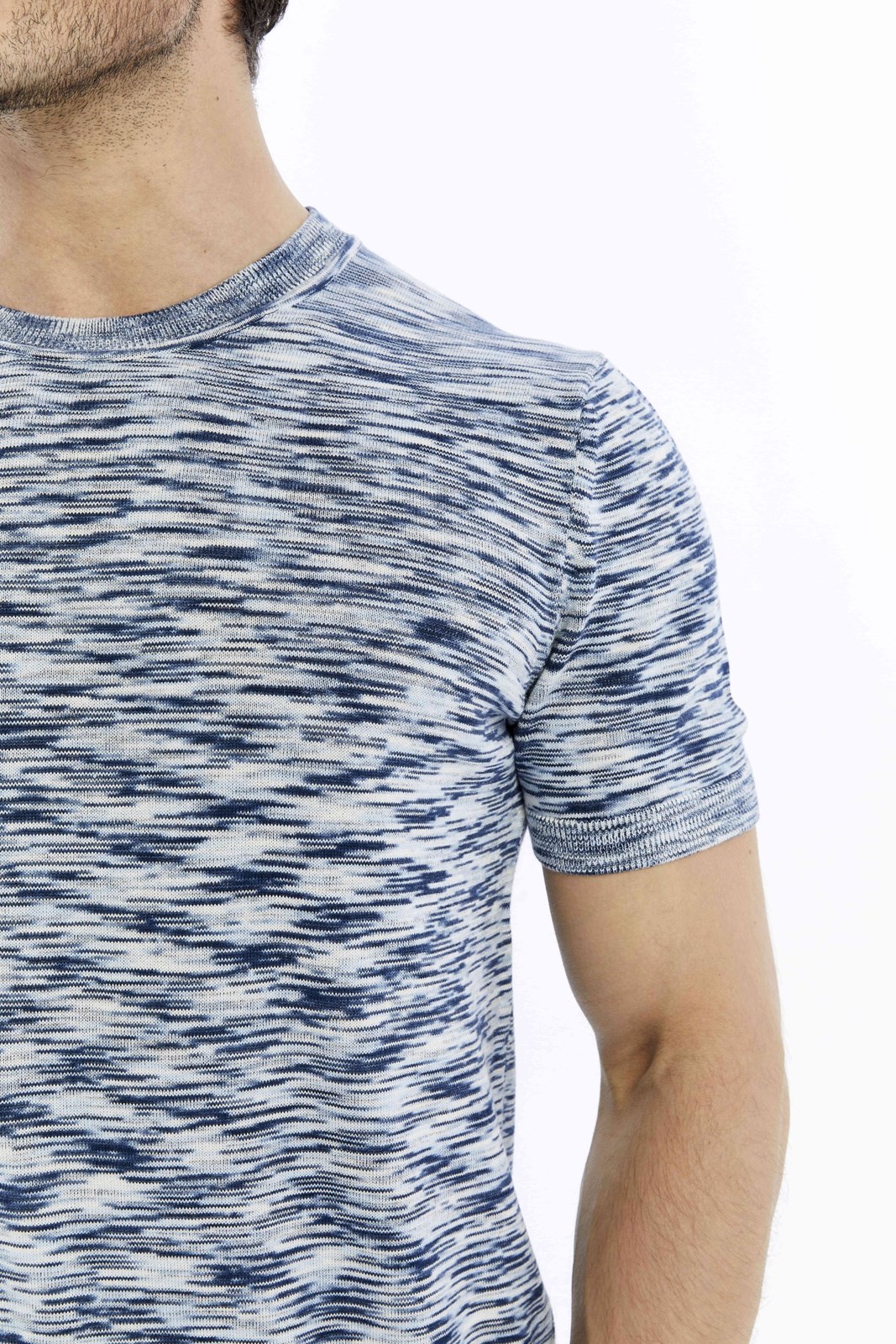 Lacivert Erkek %100 Pamuk Bisiklet Yaka Kısa Kollu Kırçıllı Örgü Triko T-shirt TRIST-710