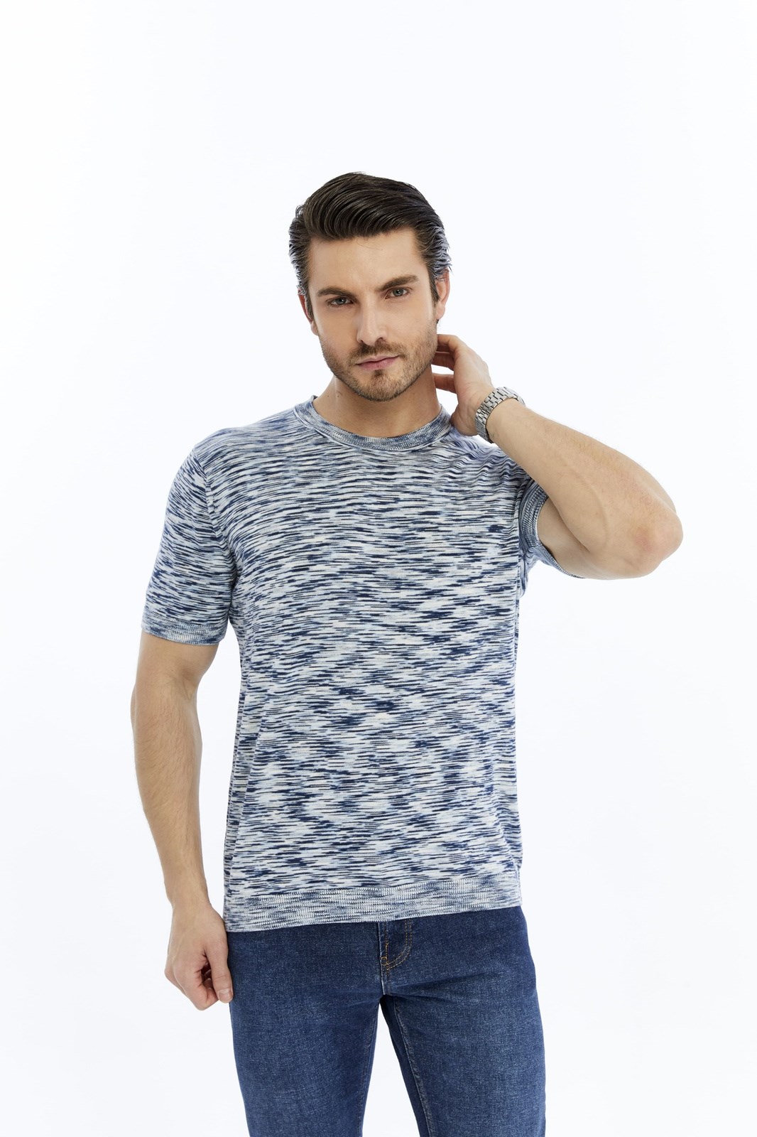 Lacivert Erkek %100 Pamuk Bisiklet Yaka Kısa Kollu Kırçıllı Örgü Triko T-shirt TRIST-710