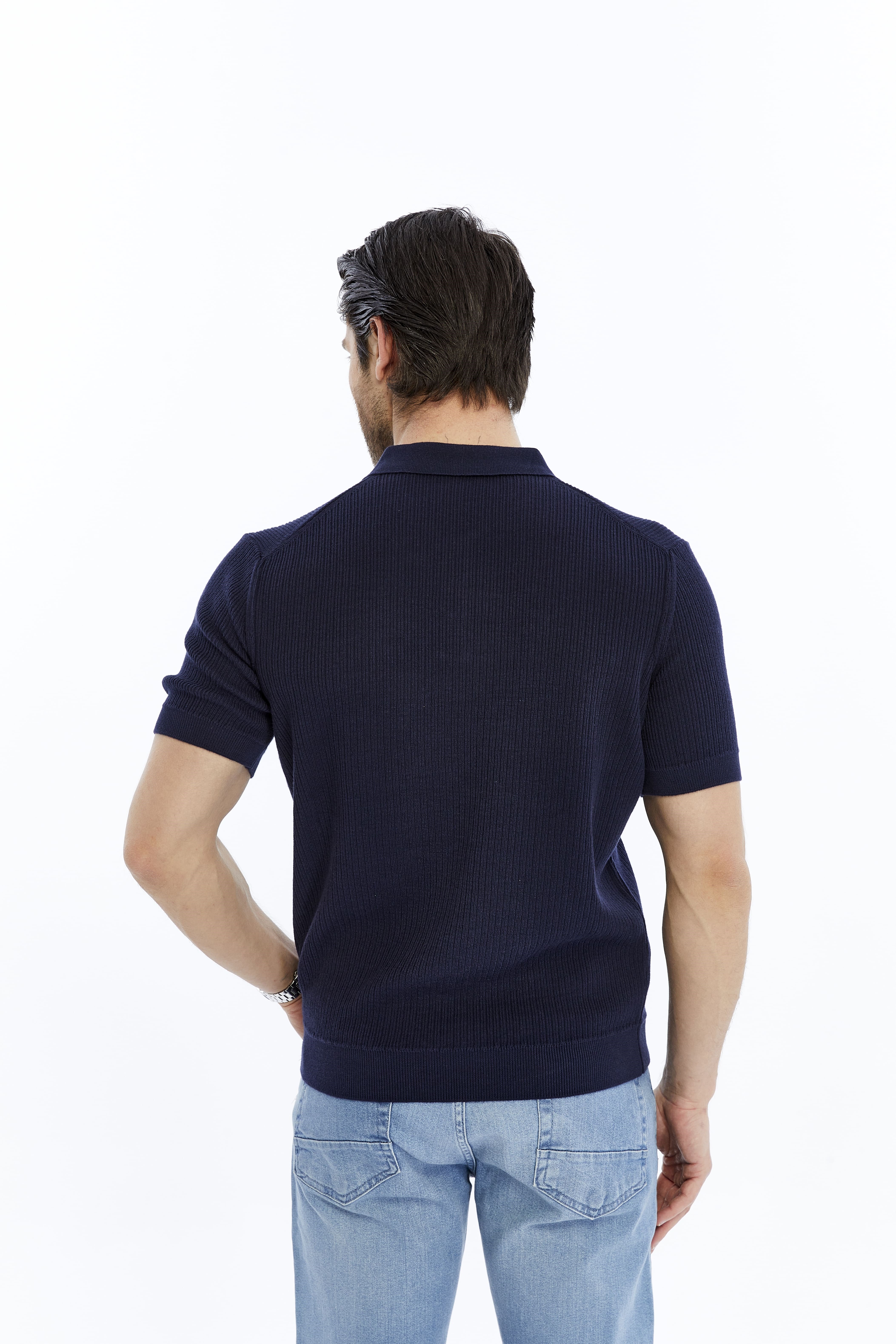 Lacivert Erkek %100 Pamuk Polo Yaka Kısa Kollu Fitilli Örgü Triko T-shirt TRIST-7108