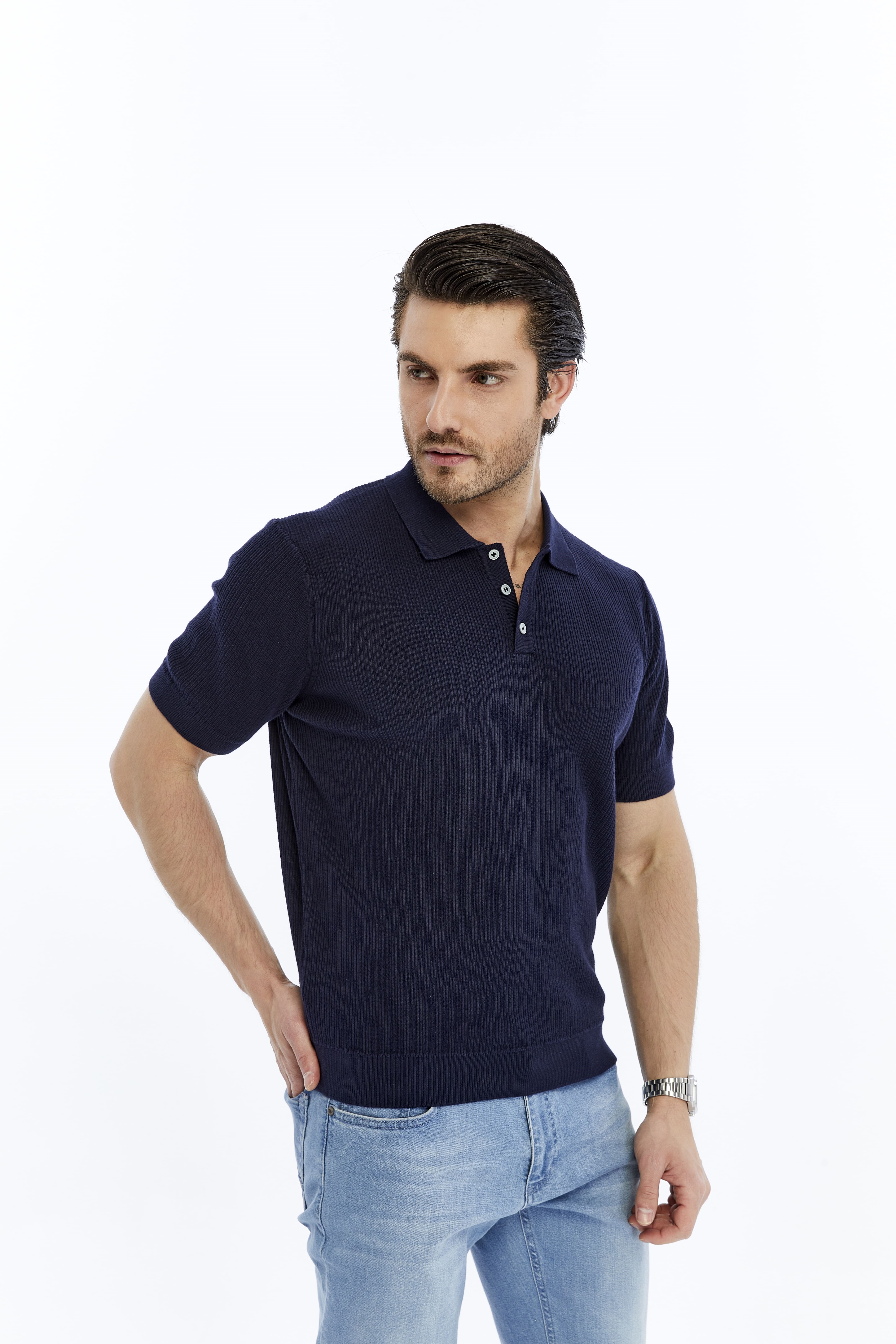 Lacivert Erkek %100 Pamuk Polo Yaka Kısa Kollu Fitilli Örgü Triko T-shirt TRIST-7108