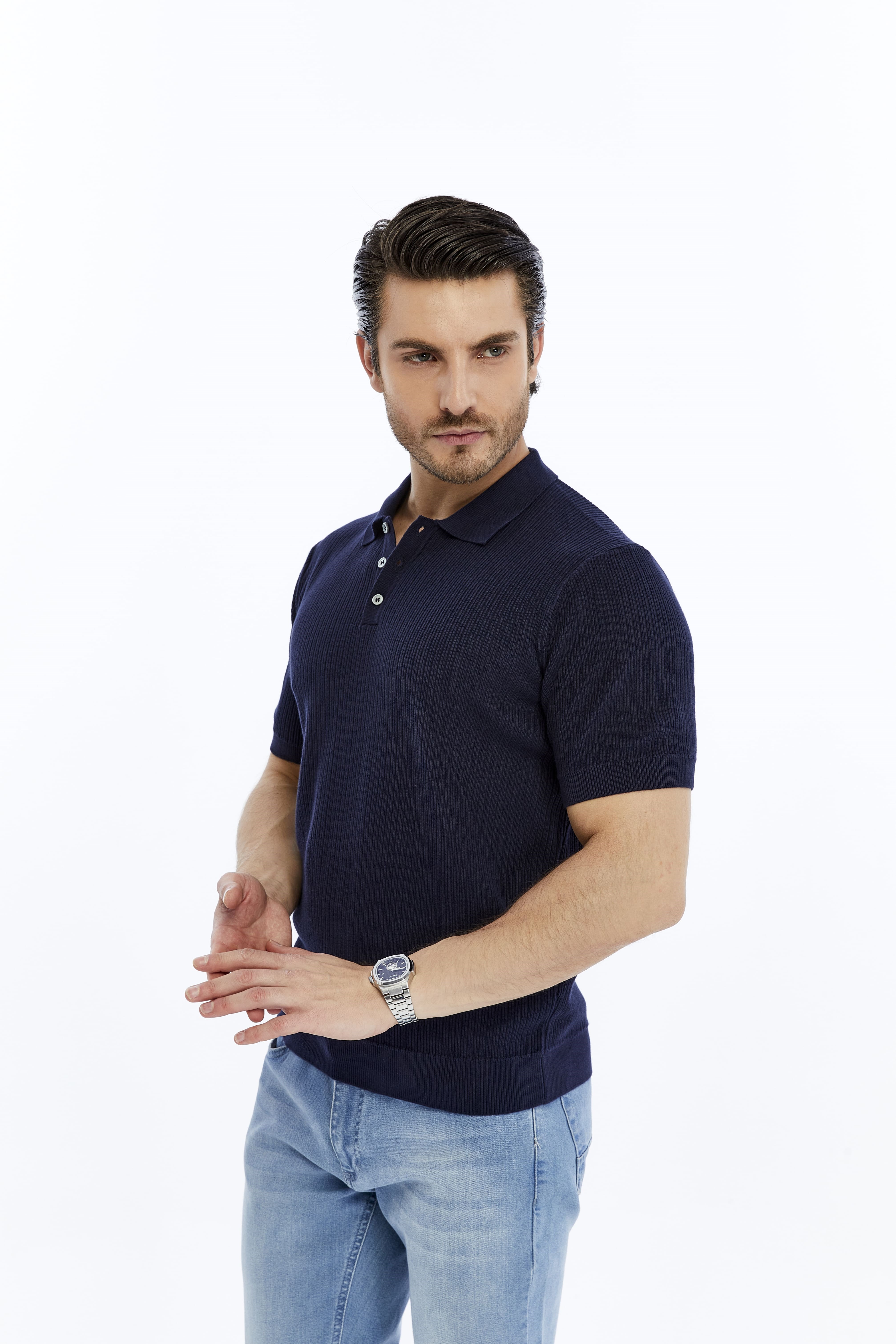 Lacivert Erkek %100 Pamuk Polo Yaka Kısa Kollu Fitilli Örgü Triko T-shirt TRIST-7108
