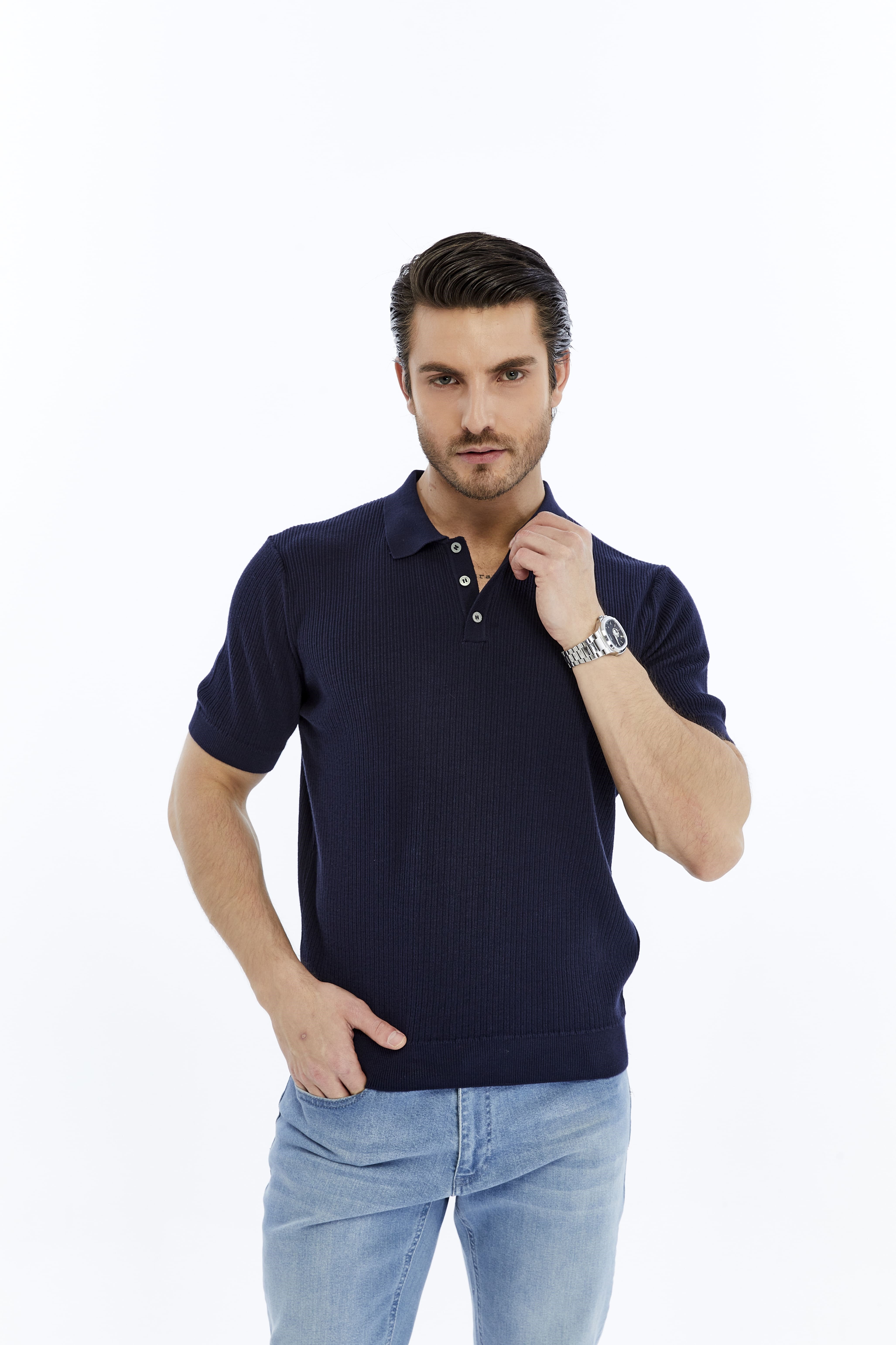 Lacivert Erkek %100 Pamuk Polo Yaka Kısa Kollu Fitilli Örgü Triko T-shirt TRIST-7108