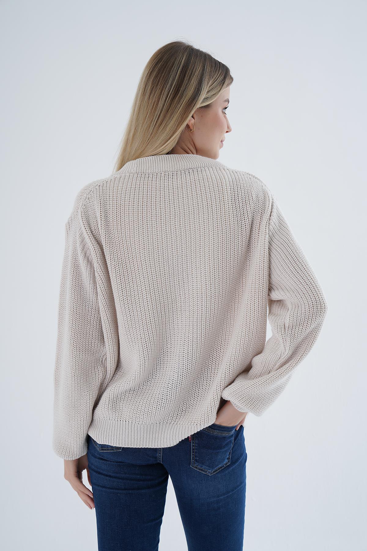 N.Kemik Oversize Kadın Selanik Örgü V Yaka %100 Pamuk Hırka TRIST-6150