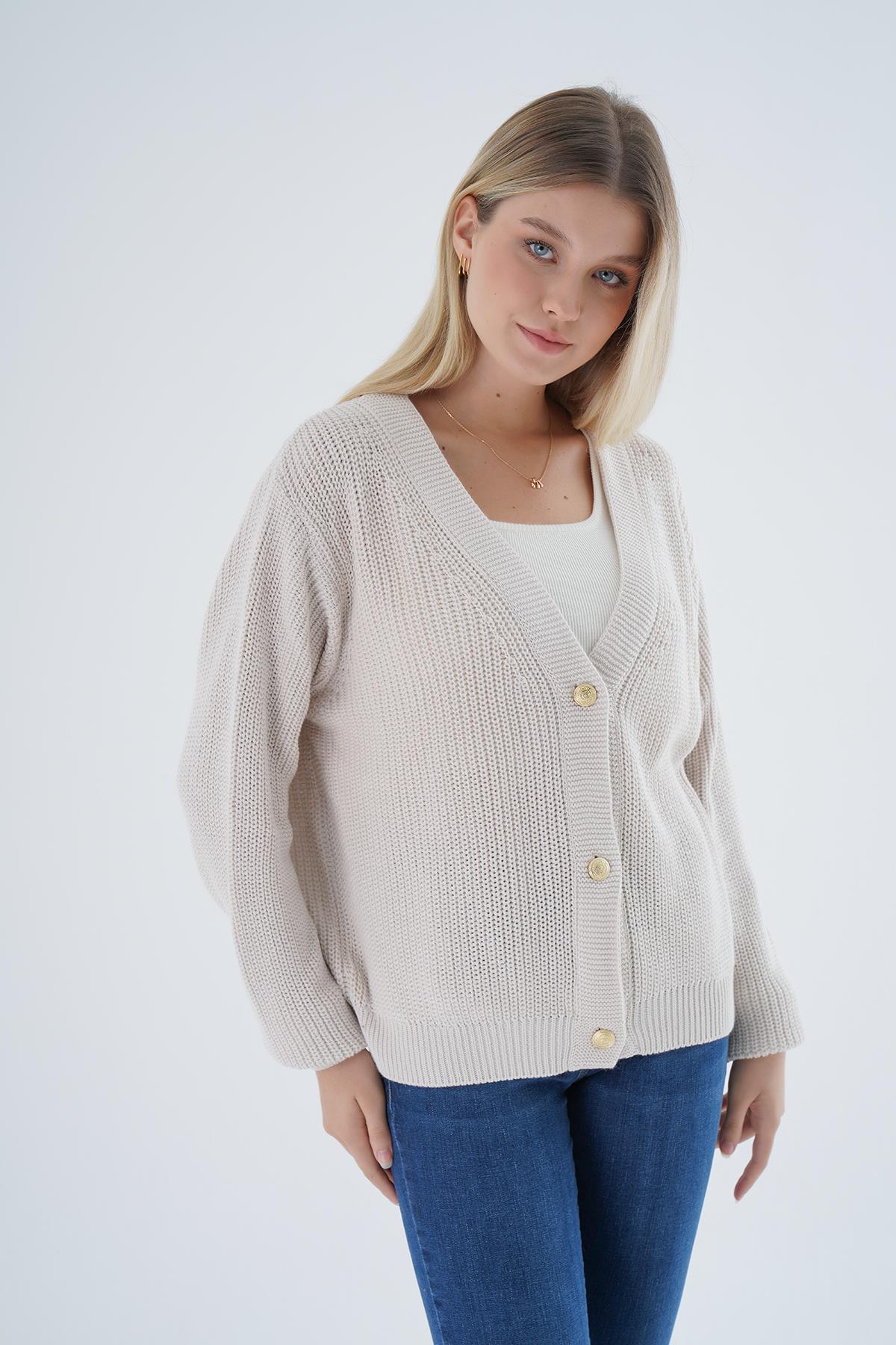 N.Kemik Oversize Kadın Selanik Örgü V Yaka %100 Pamuk Hırka TRIST-6150