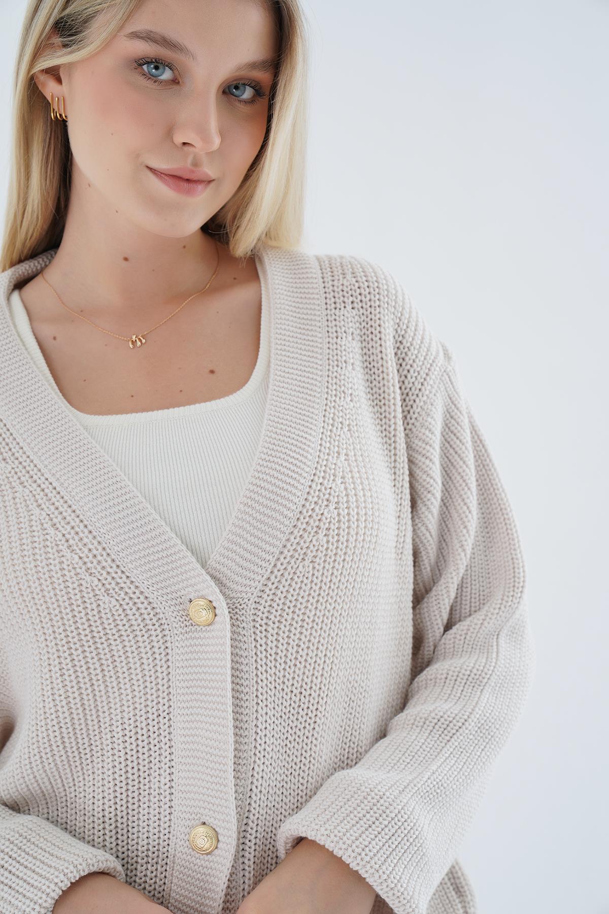 N.Kemik Oversize Kadın Selanik Örgü V Yaka %100 Pamuk Hırka TRIST-6150