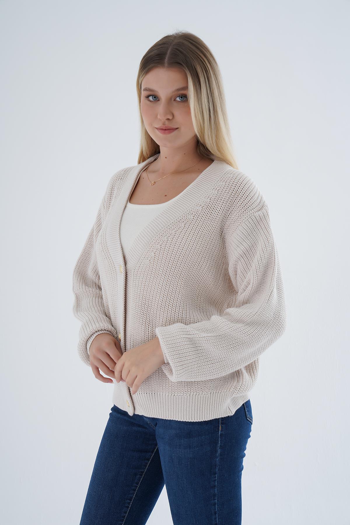 N.Kemik Oversize Kadın Selanik Örgü V Yaka %100 Pamuk Hırka TRIST-6150