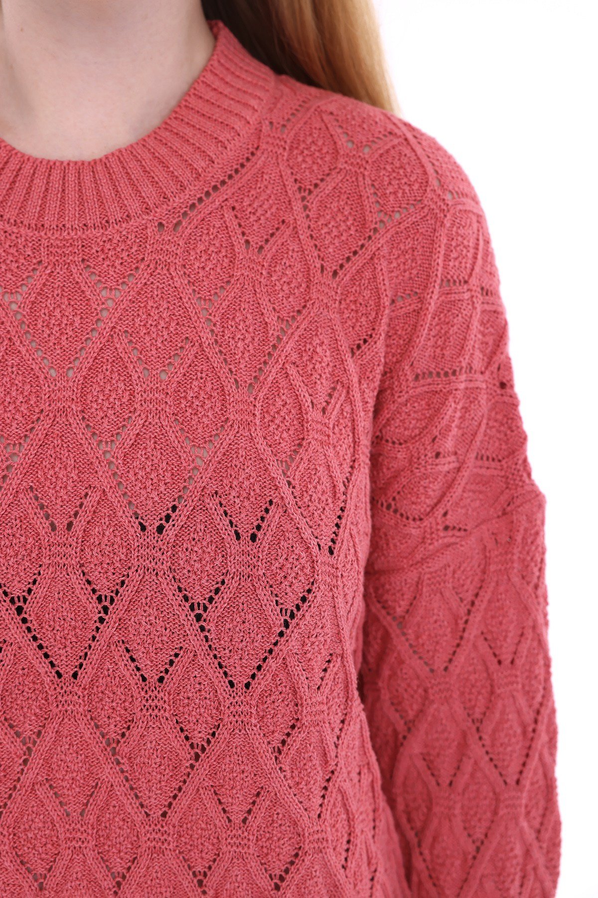 Pembe Kadın %100 Pamuk Ajurlu Baklava Örgü Desenli Oversize Bisiklet Yaka Triko Kazak TRIST-6170