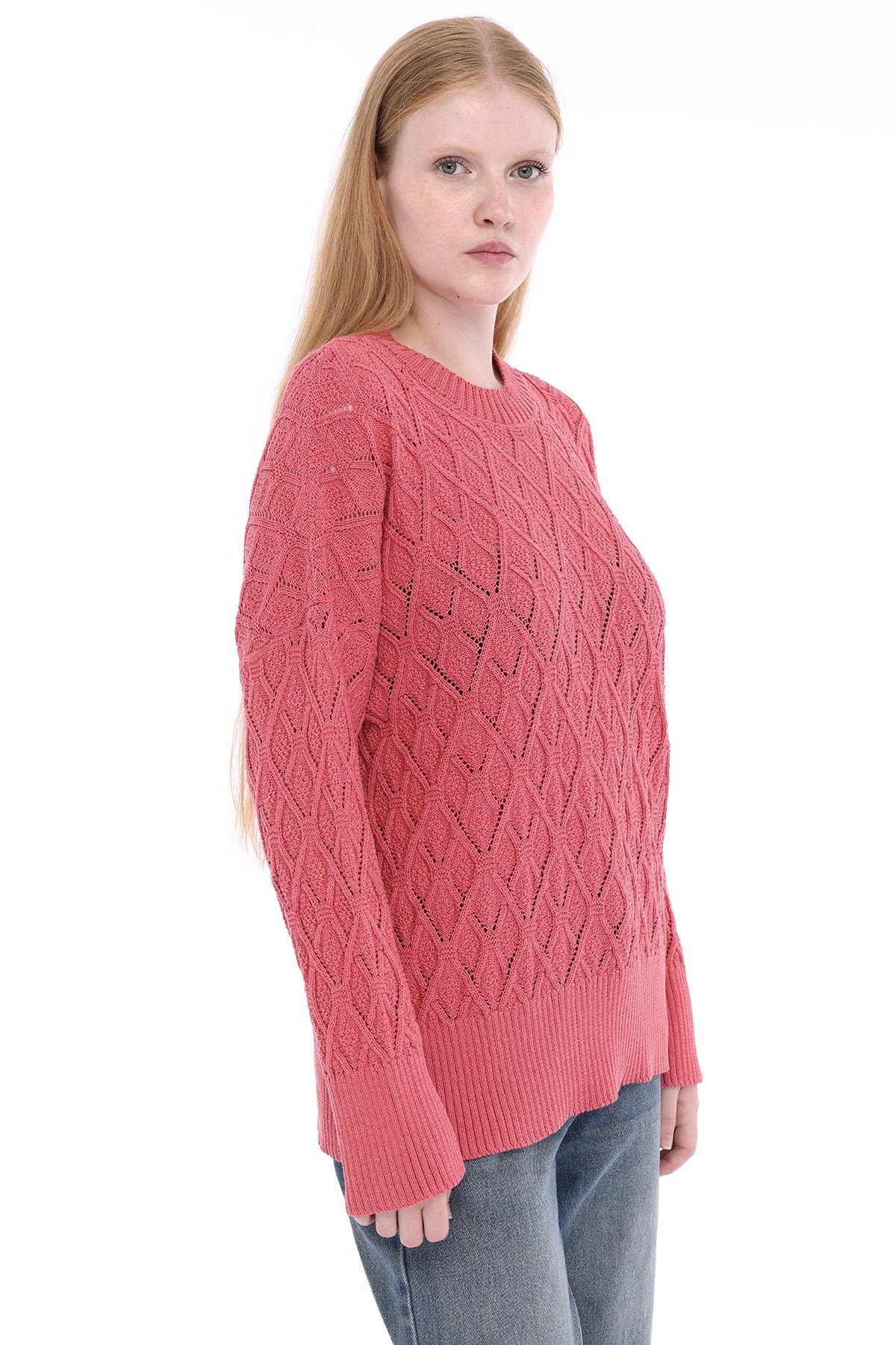 Pembe Kadın %100 Pamuk Ajurlu Baklava Örgü Desenli Oversize Bisiklet Yaka Triko Kazak TRIST-6170