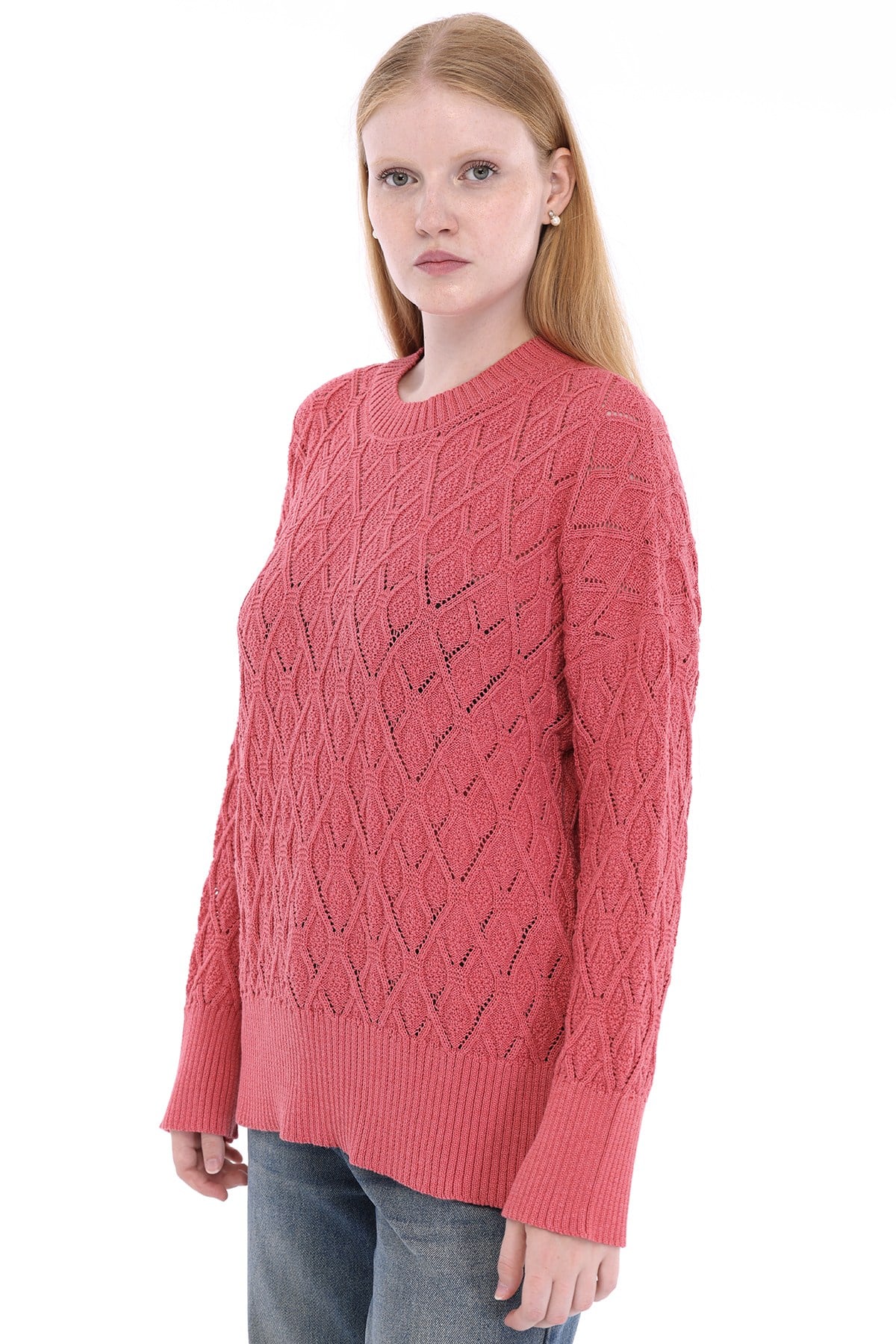 Pembe Kadın %100 Pamuk Ajurlu Baklava Örgü Desenli Oversize Bisiklet Yaka Triko Kazak TRIST-6170
