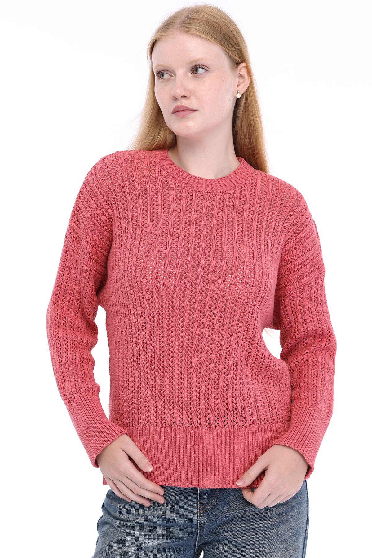 Pembe Kadın %100 Pamuk Ajurlu Fitilli Örgü Bisiklet Yaka Triko Kazak TRIST-6172