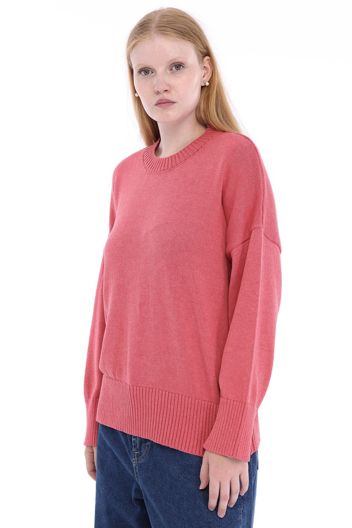 Pembe Kadın %100 Pamuk Oversize Düz Örgü Düşük Omuz Bisiklet Yaka Triko Kazak TRIST-6168