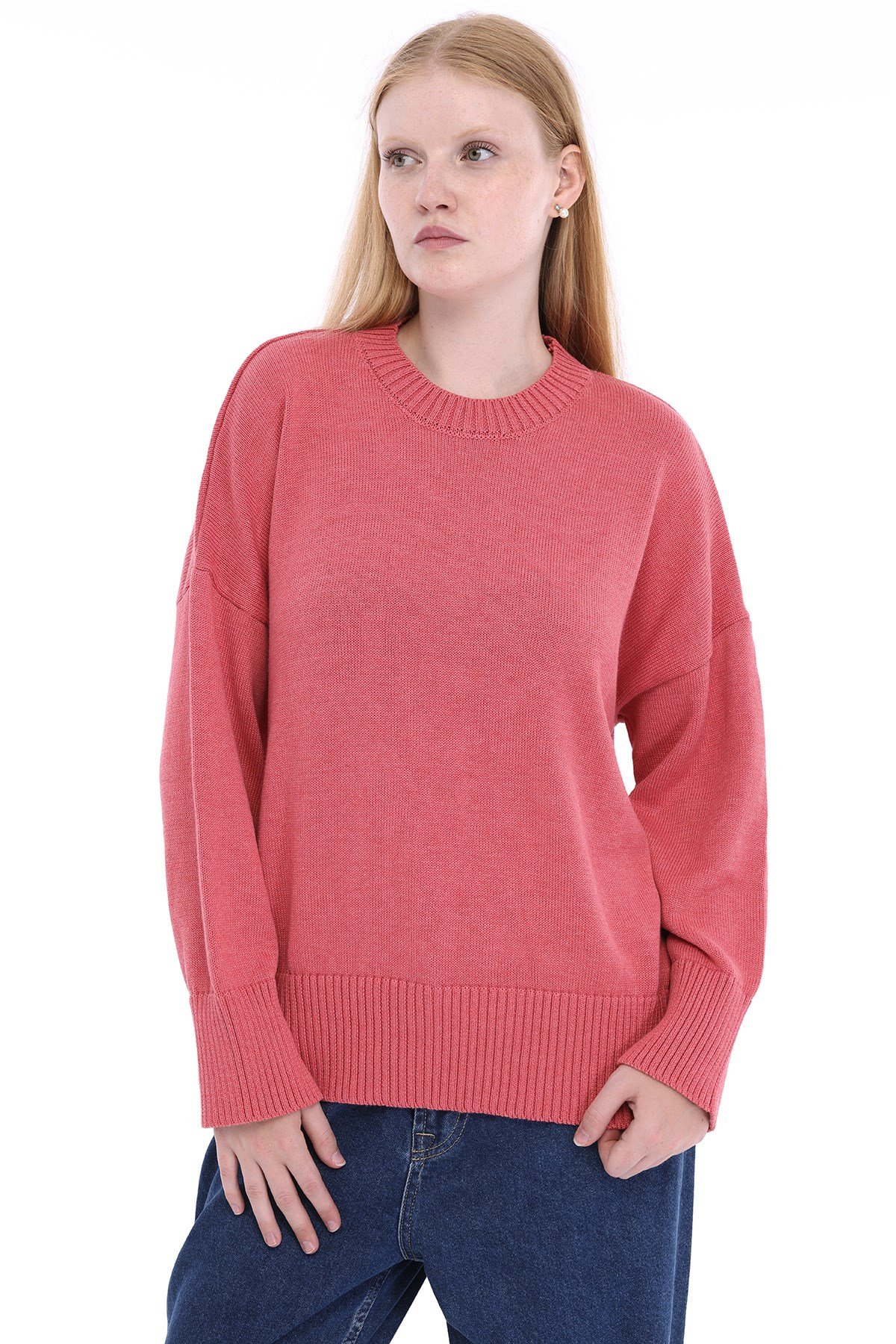 Pembe Kadın %100 Pamuk Oversize Düz Örgü Düşük Omuz Bisiklet Yaka Triko Kazak TRIST-6168