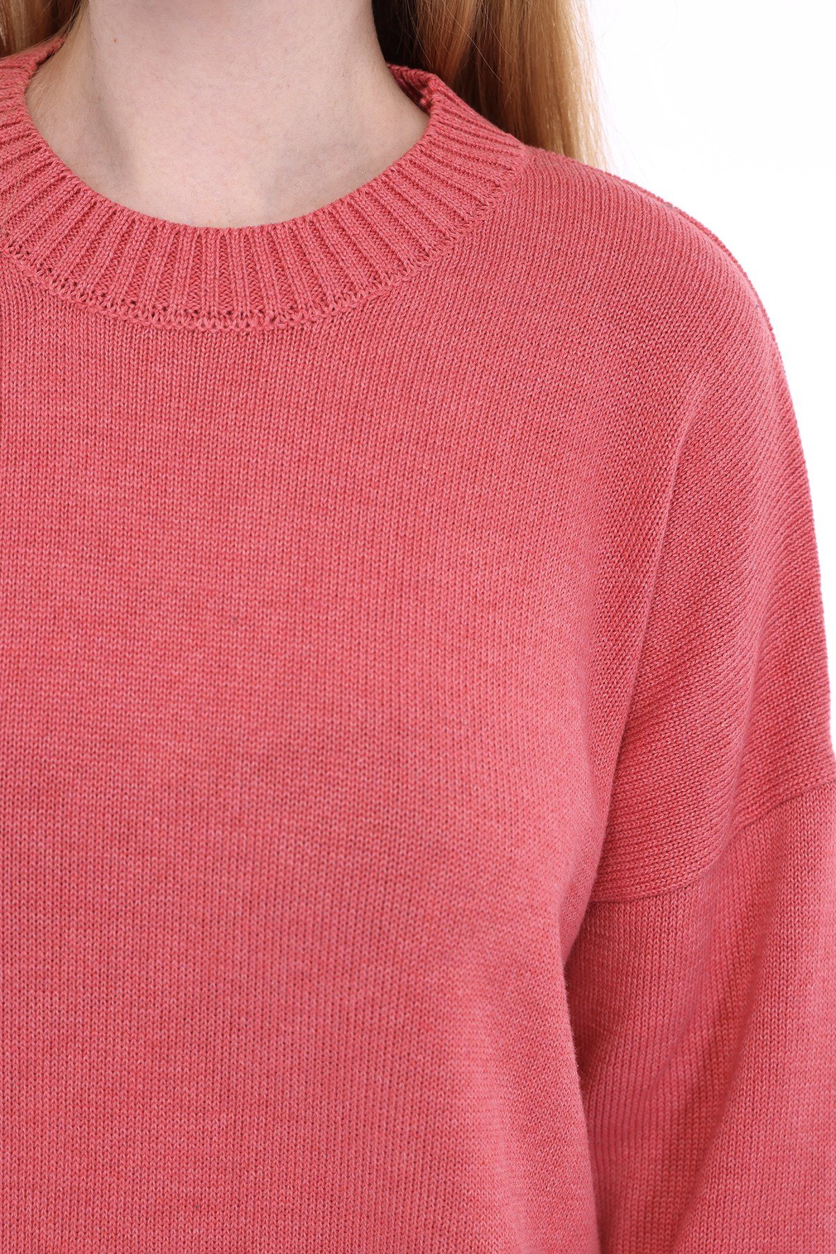 Pembe Kadın %100 Pamuk Oversize Düz Örgü Düşük Omuz Bisiklet Yaka Triko Kazak TRIST-6168