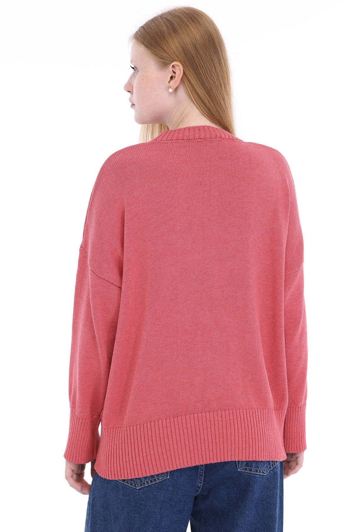Pembe Kadın %100 Pamuk Oversize Düz Örgü Düşük Omuz Bisiklet Yaka Triko Kazak TRIST-6168