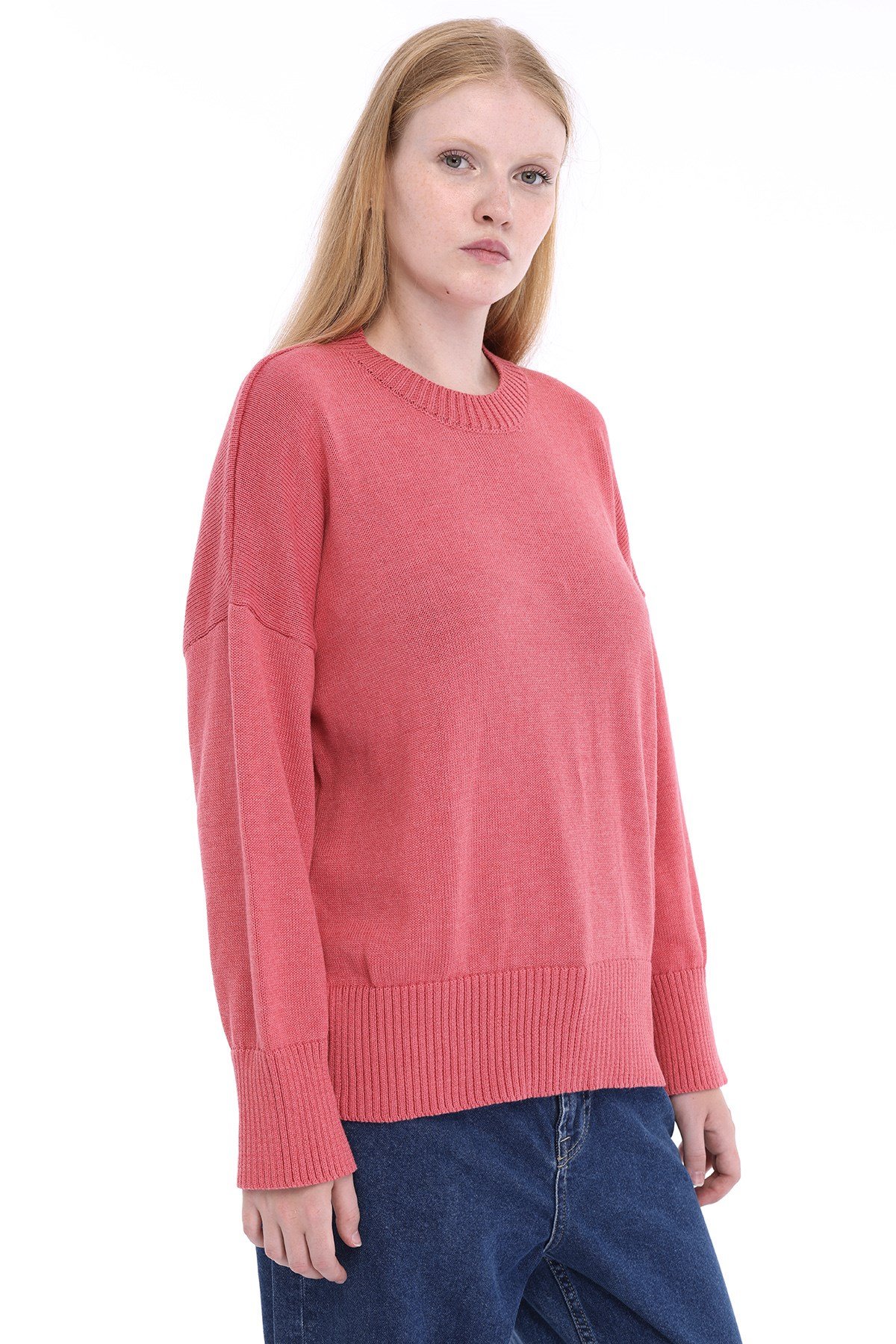 Pembe Kadın %100 Pamuk Oversize Düz Örgü Düşük Omuz Bisiklet Yaka Triko Kazak TRIST-6168