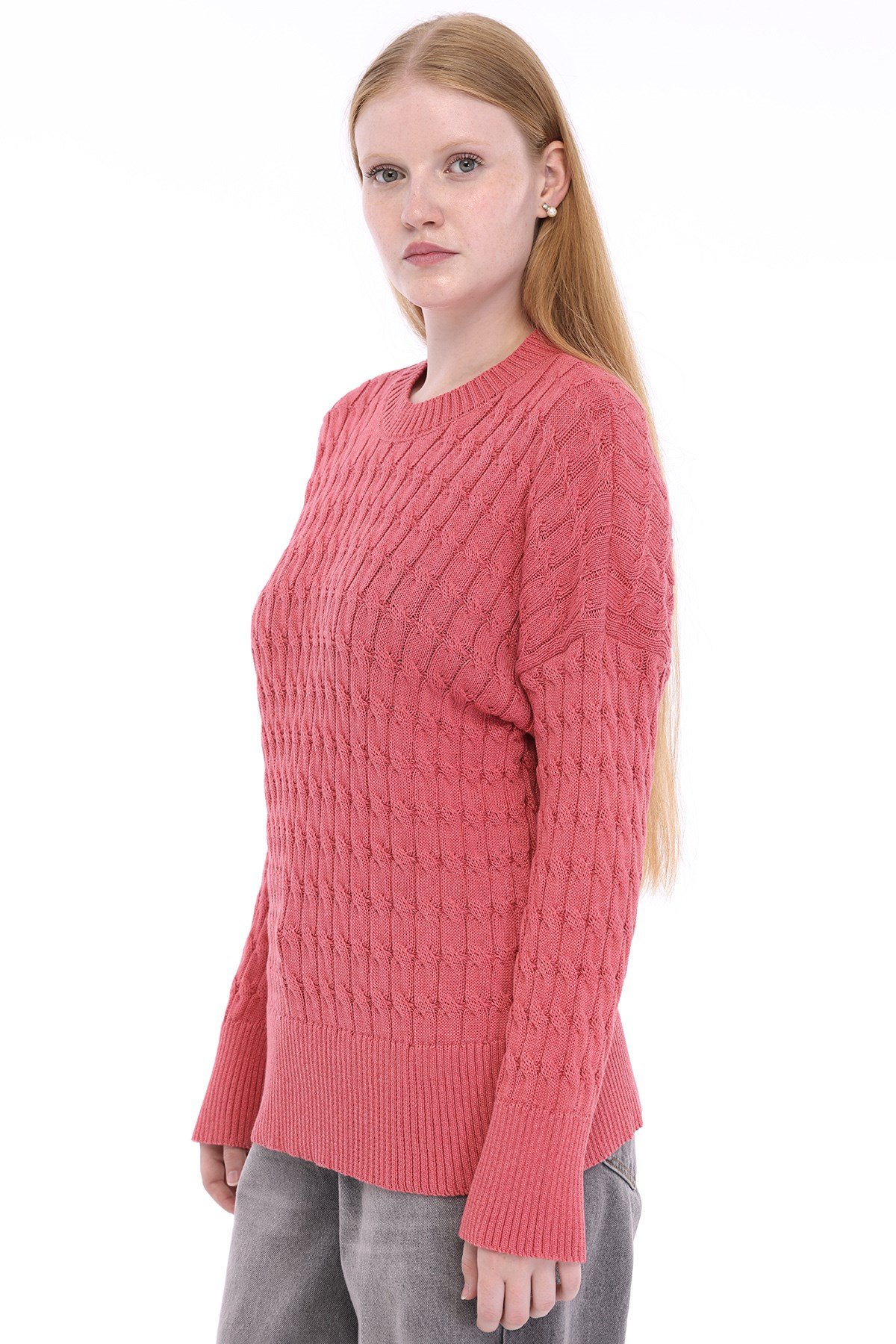 Pembe Kadın %100 Pamuk Saç Örgü Desenli Bisiklet Yaka Oversize Triko Kazak TRIST-6169