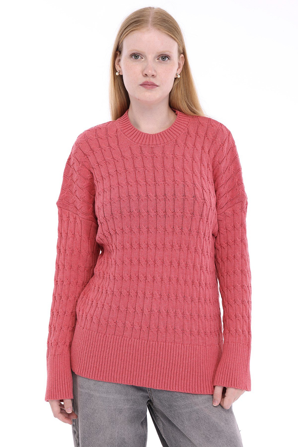 Pembe Kadın %100 Pamuk Saç Örgü Desenli Bisiklet Yaka Oversize Triko Kazak TRIST-6169