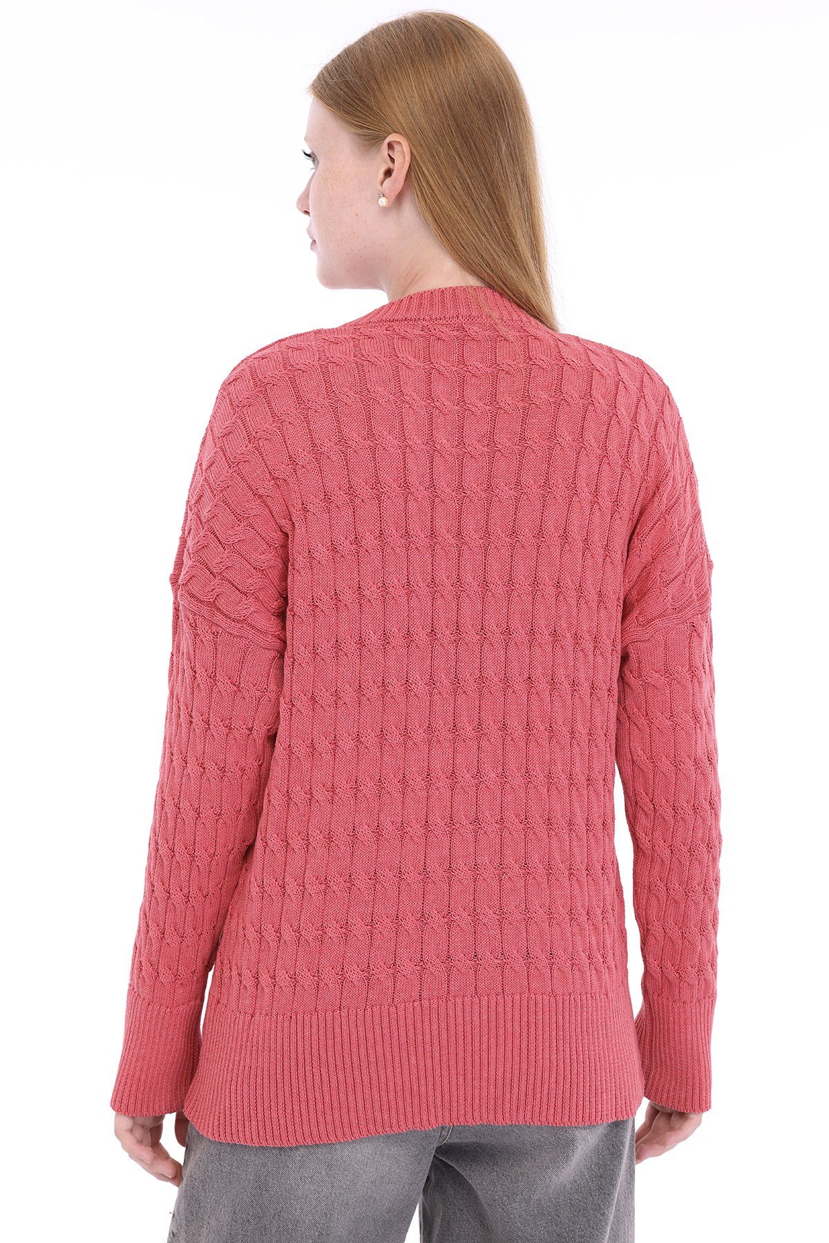 Pembe Kadın %100 Pamuk Saç Örgü Desenli Bisiklet Yaka Oversize Triko Kazak TRIST-6169