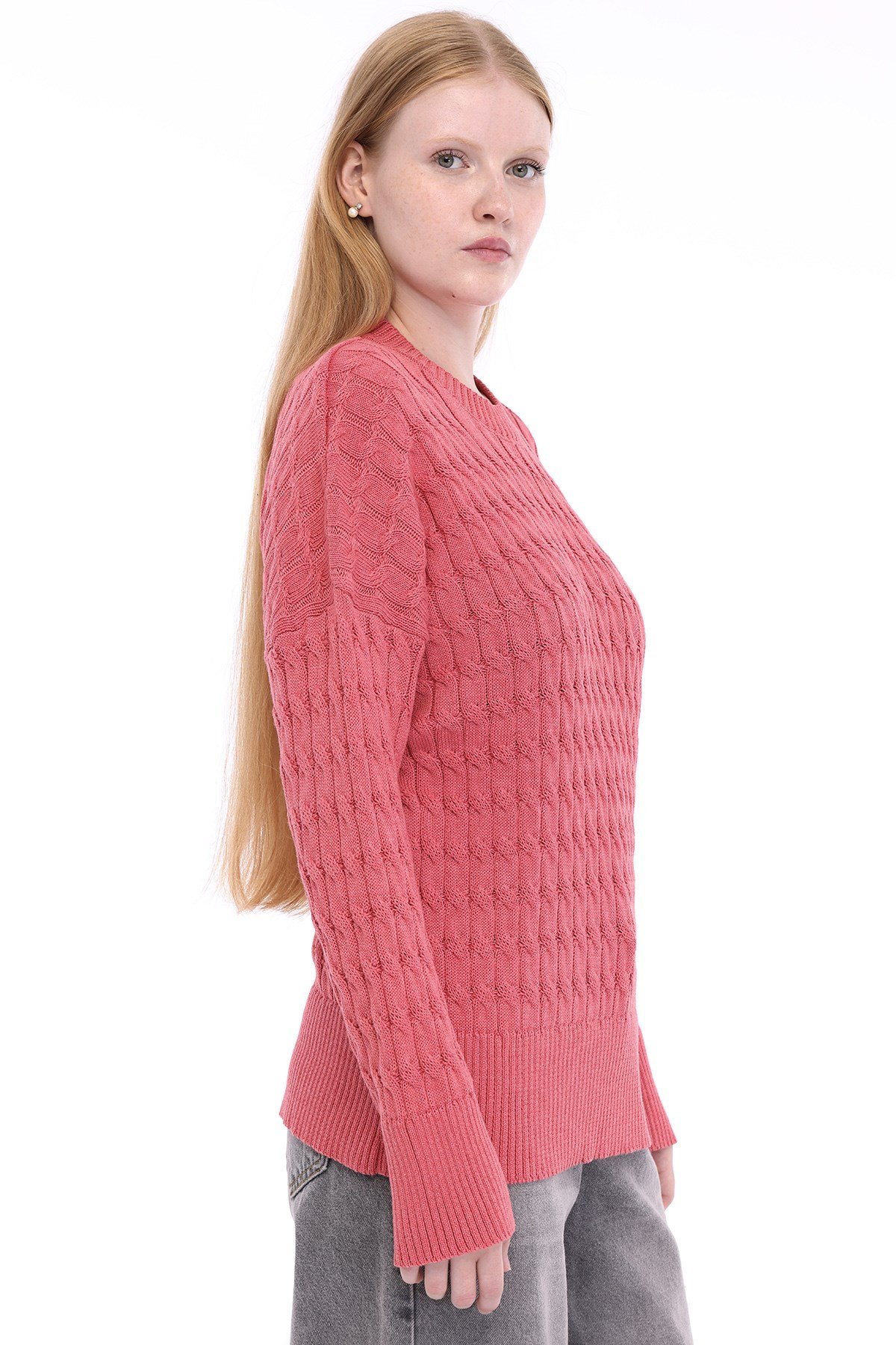 Pembe Kadın %100 Pamuk Saç Örgü Desenli Bisiklet Yaka Oversize Triko Kazak TRIST-6169
